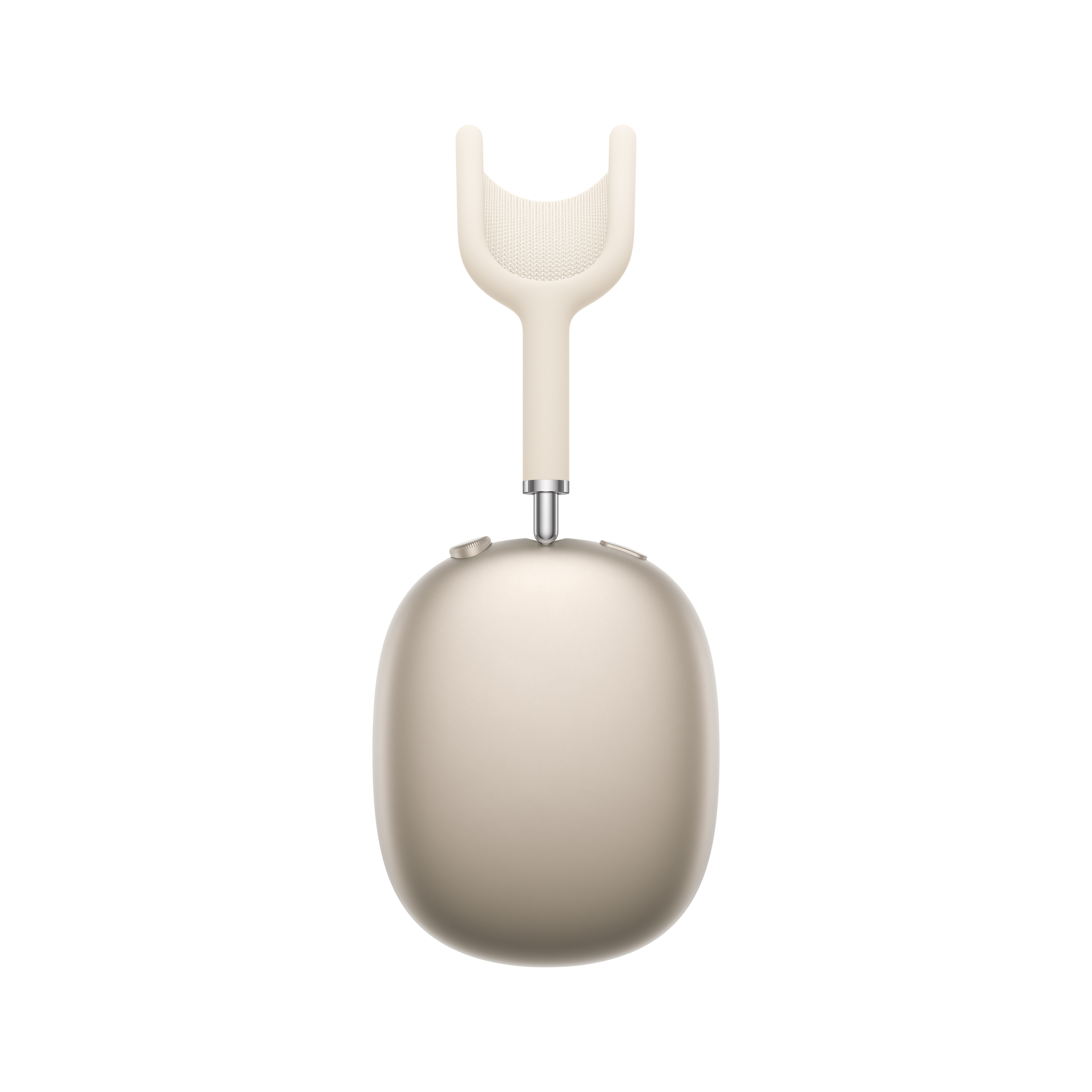 Bézs AirPods Max fejhallgató, a fejpánttal és a fülkagylókkal.