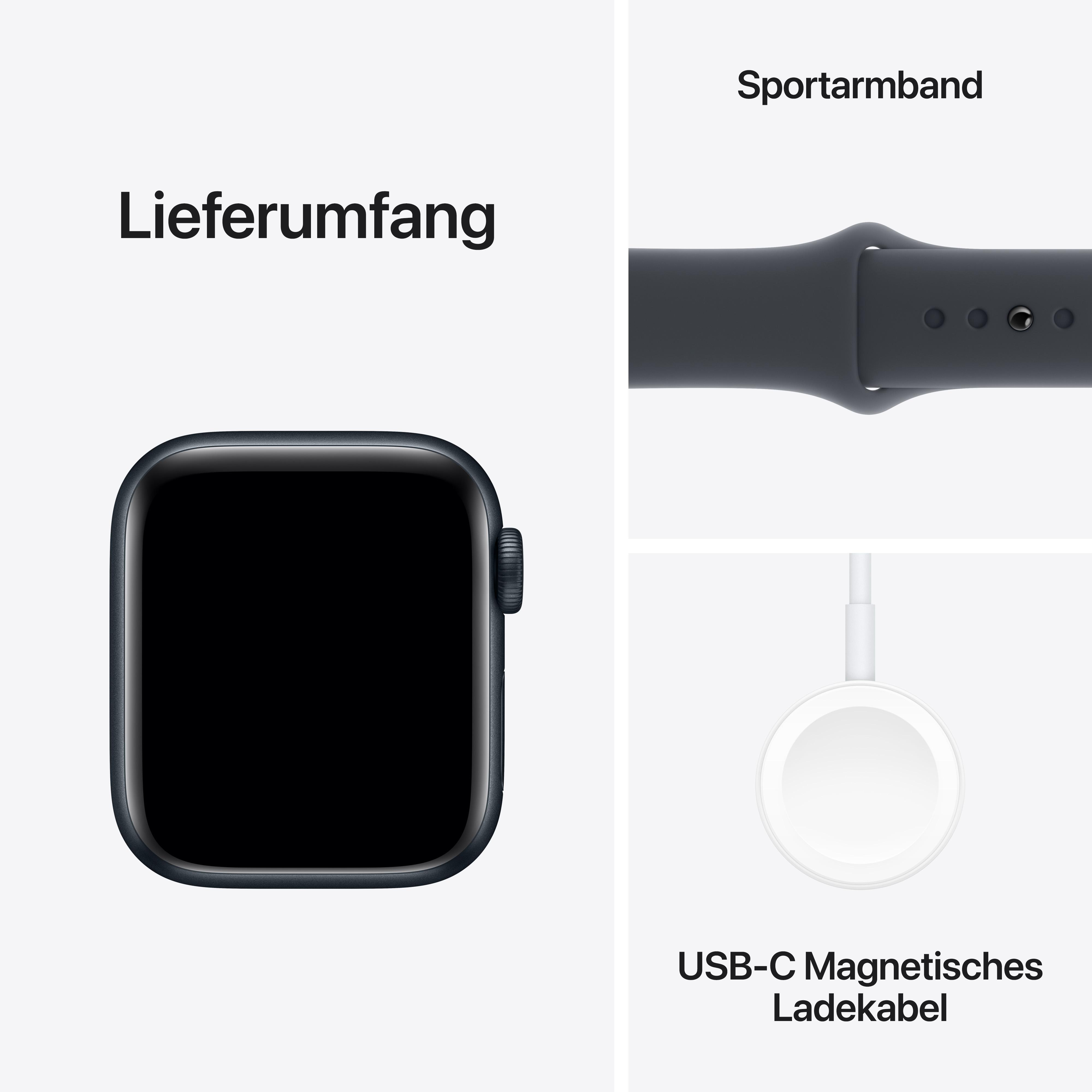 Apple Watch in Schwarz, Sportarmband und magnetisches USB-C-Ladekabel.