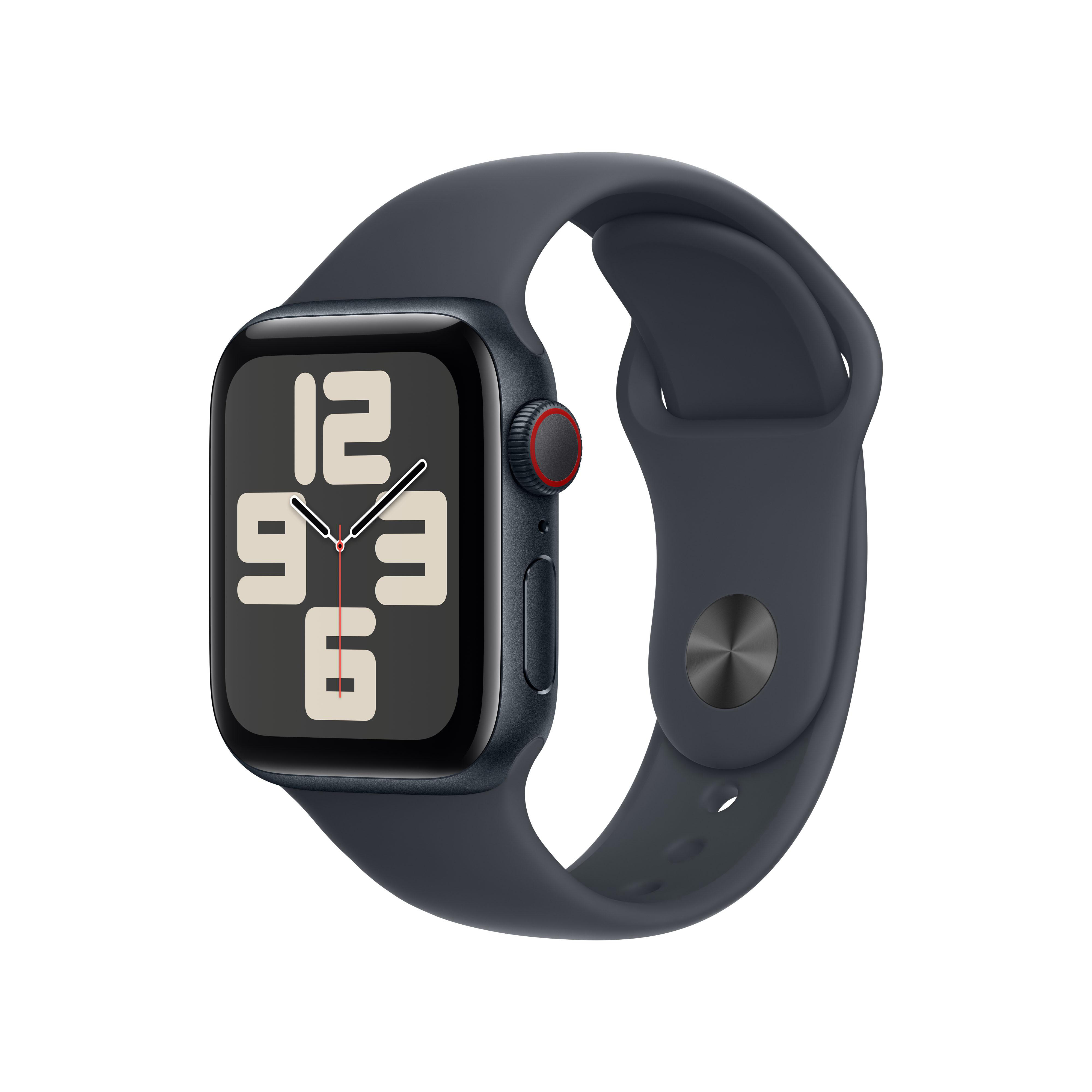 Eine Apple Watch mit dunkelblauem Armband, schwarzem Bildschirm, roter Taste an der Seite.