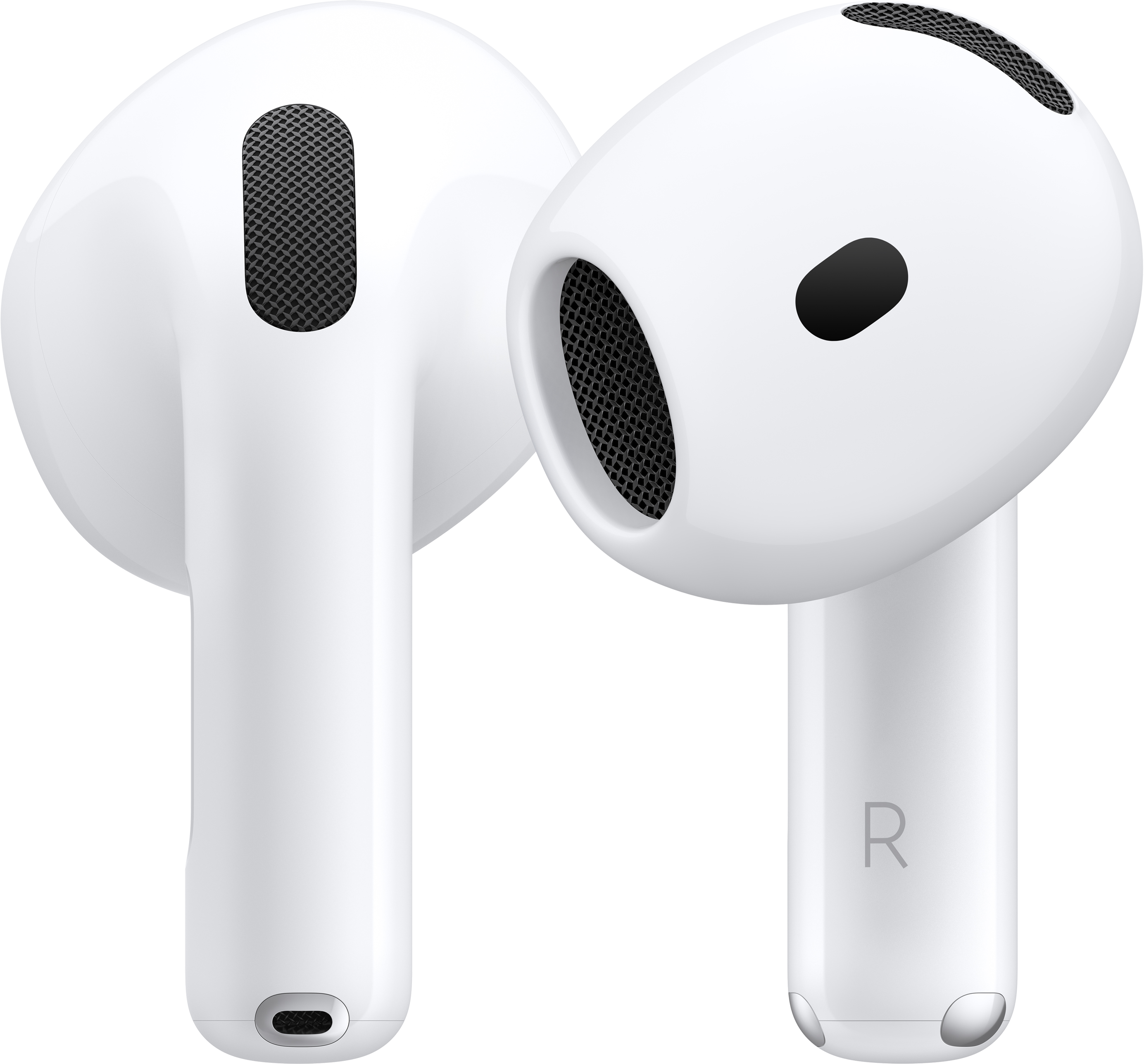 Két fehér AirPods, közelkép, a dizájn részleteit mutatva.