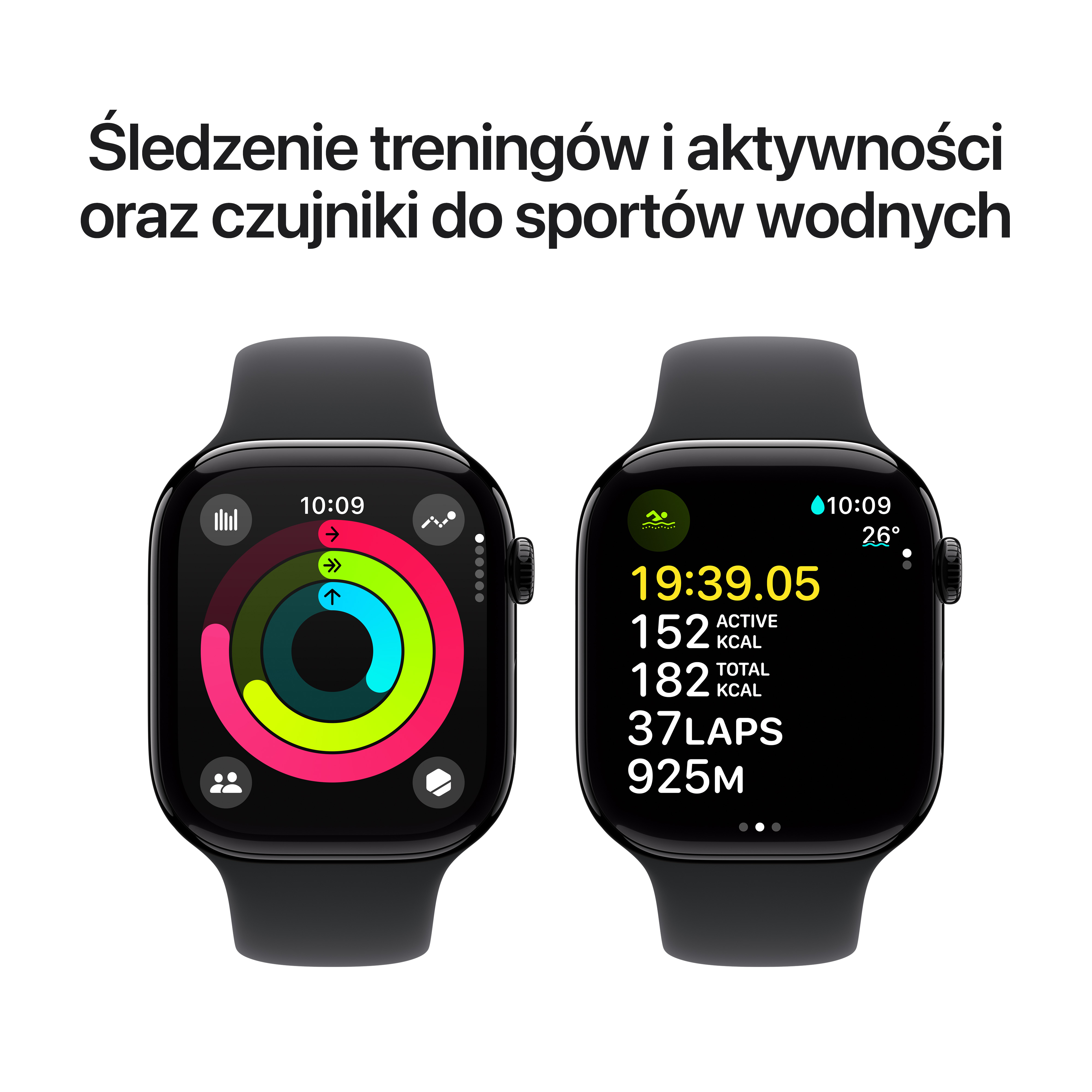 Dwa czarne Apple Watche pokazujące dane śledzenia aktywności. Wyświetlają aktywne kalorie, okrążenia i czas.