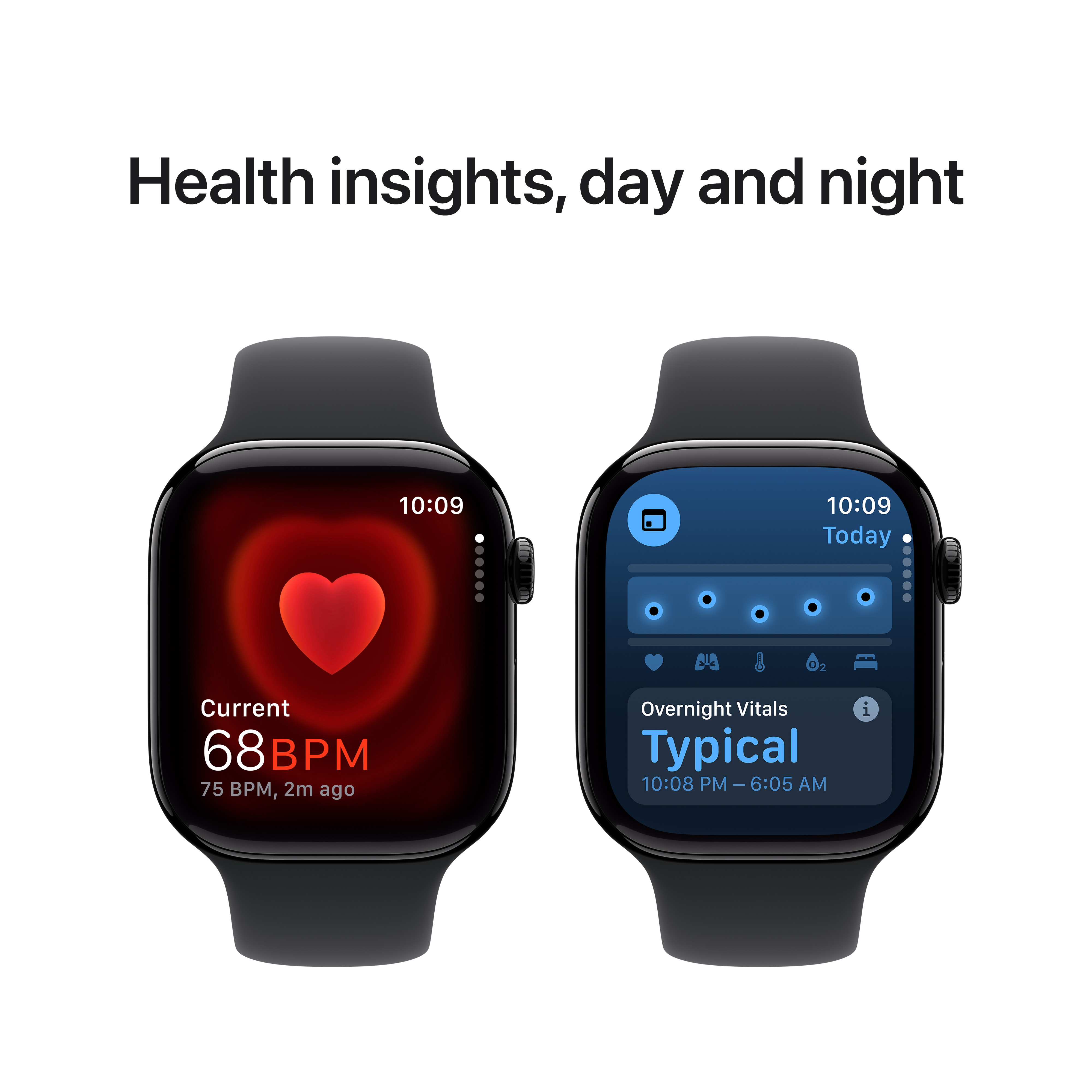 Deux écrans d'Apple Watch montrant des données de santé : fréquence cardiaque et constantes nocturnes.