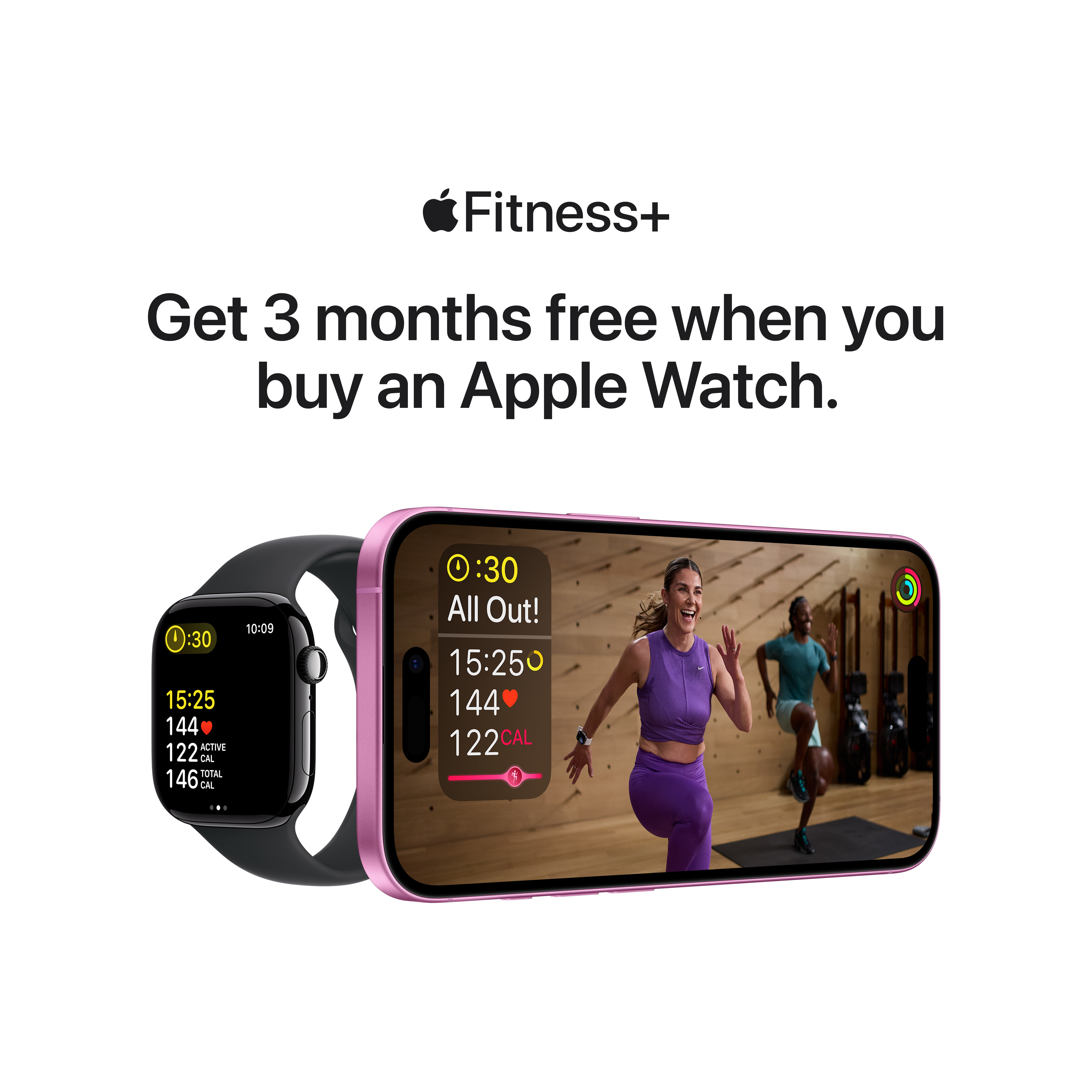 Apple Watch et iPhone avec entraînement Fitness+. Texte: 3 mois gratuits à l'achat d'Apple Watch.