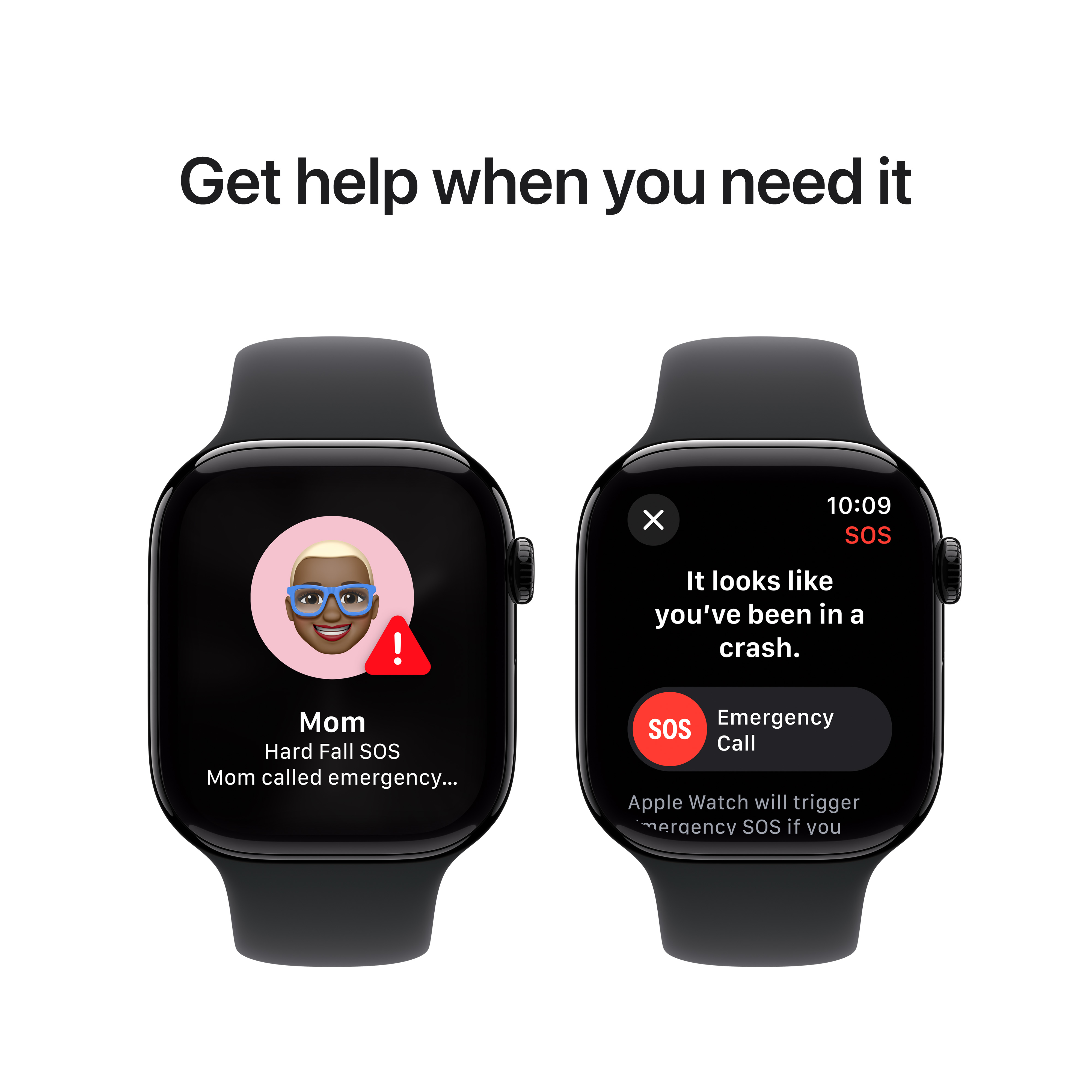 Deux Apple Watch montrant appels d'urgence et un Memoji maman. Texte: Obtenez de l'aide.