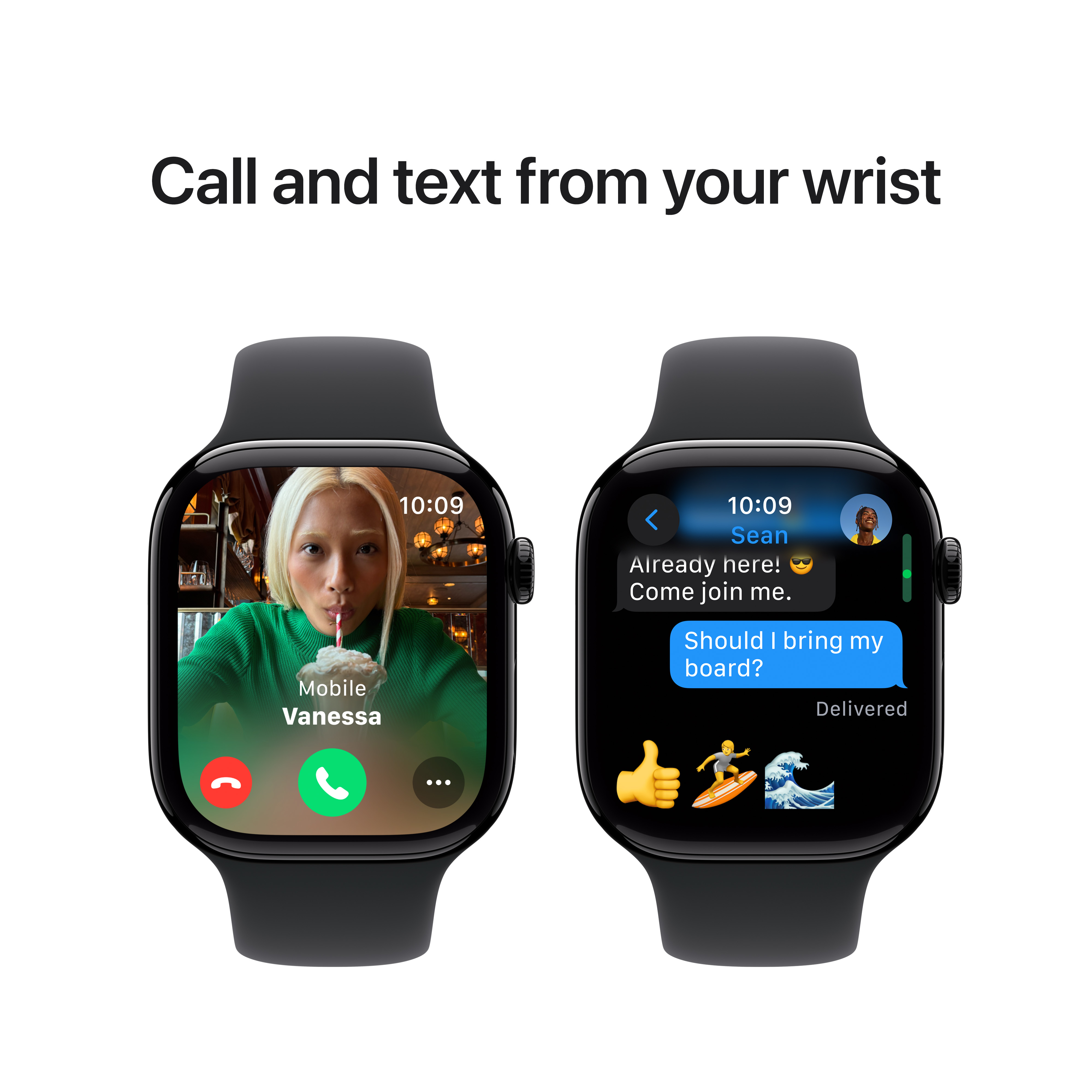 Deux Apple Watch affichent des appels et des SMS. L'un montre un appel vidéo, l'autre une conversation textuelle.