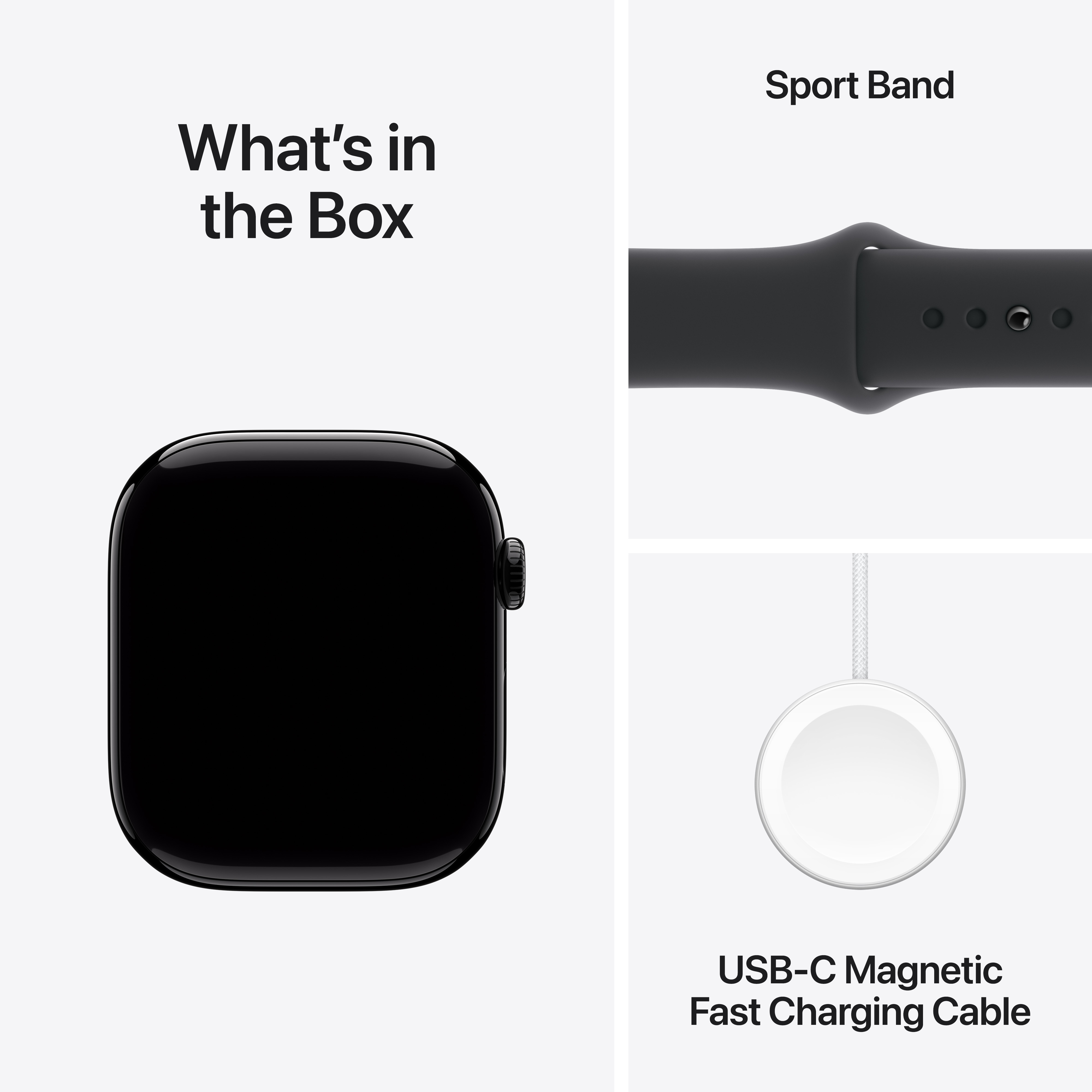 Apple Watch et accessoires: bracelet sport et câble charge.