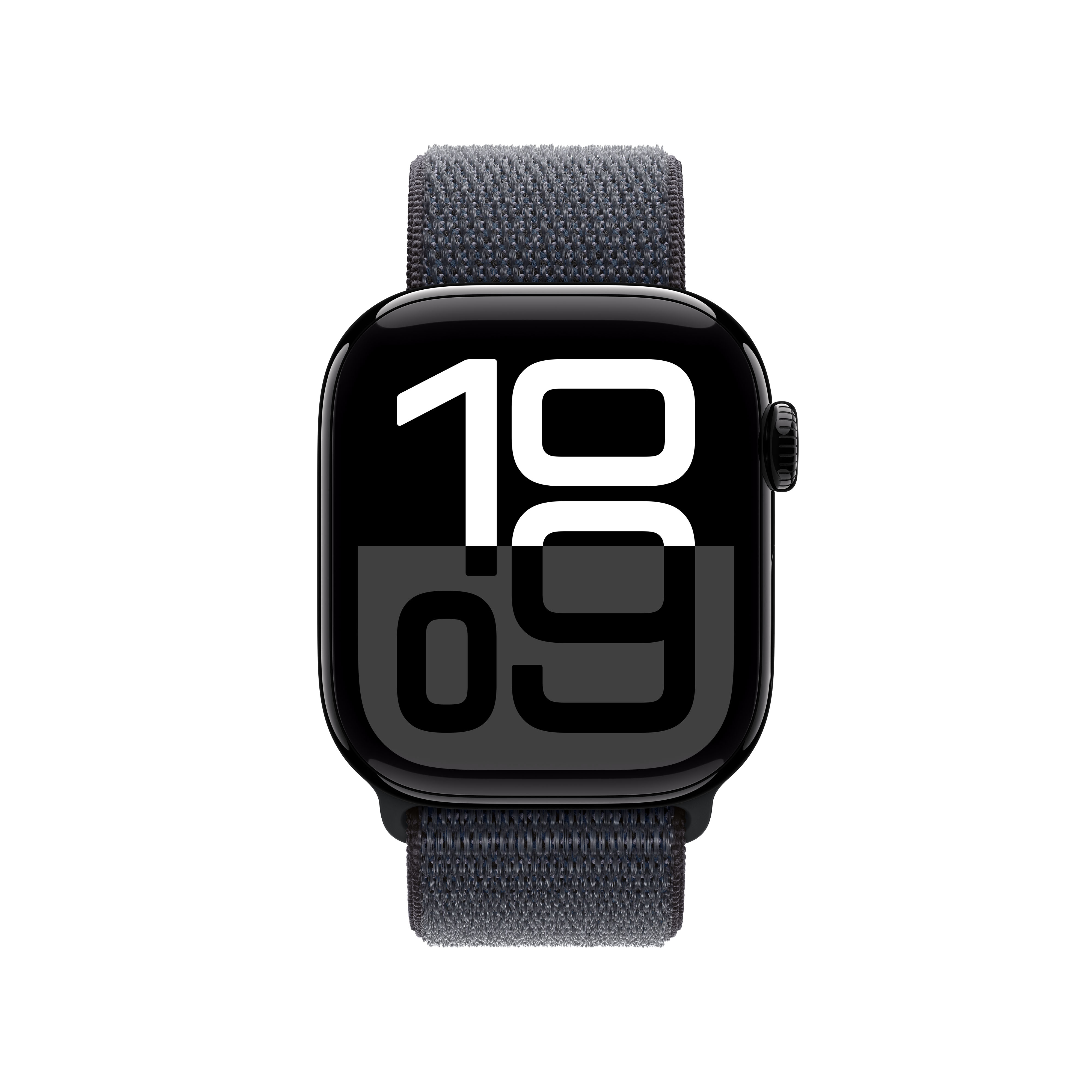 Une montre connectée noire avec bracelet en tissu gris foncé affiche l'heure.