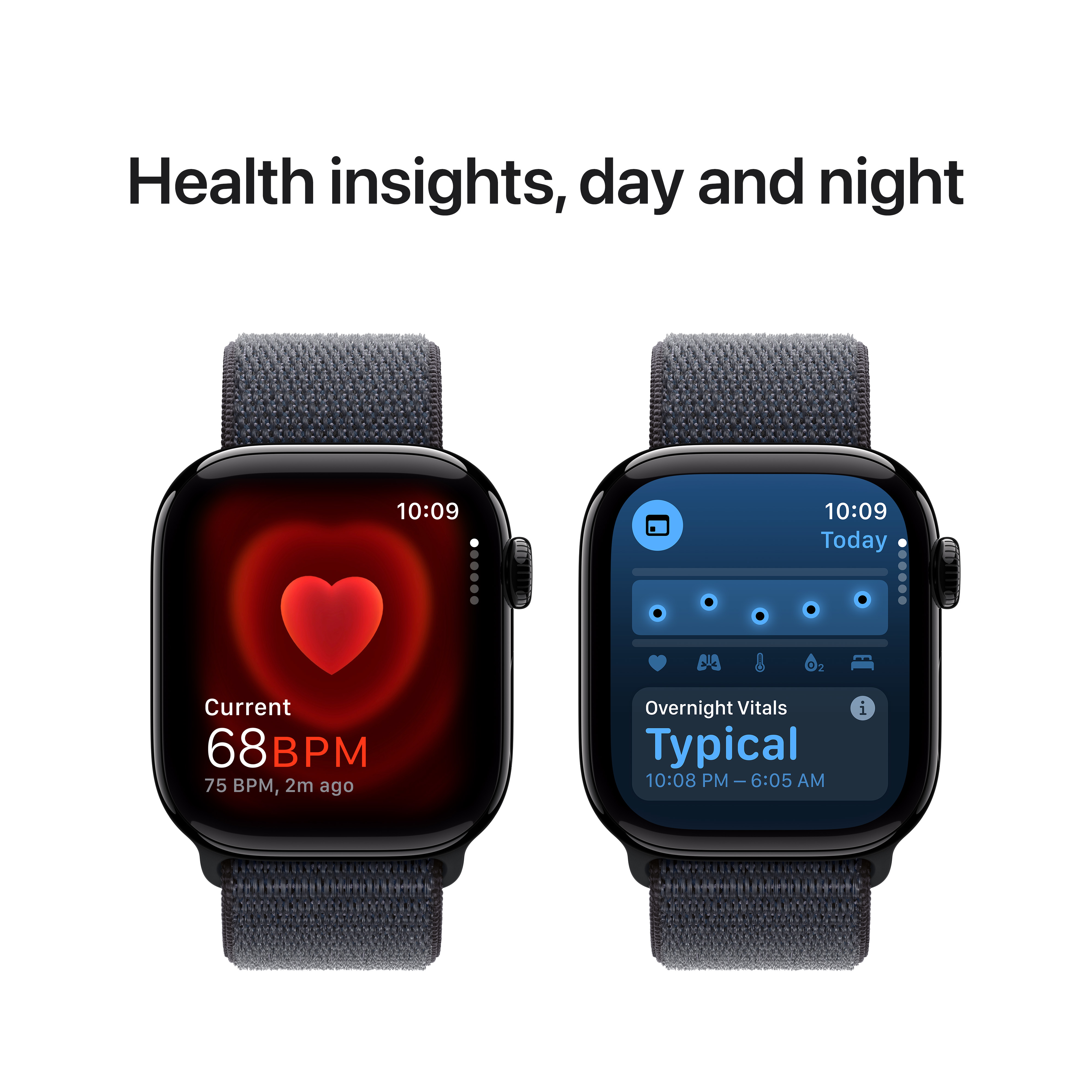 Deux montres connectées affichent des données de santé. Cœur à gauche, signes vitaux à droite.