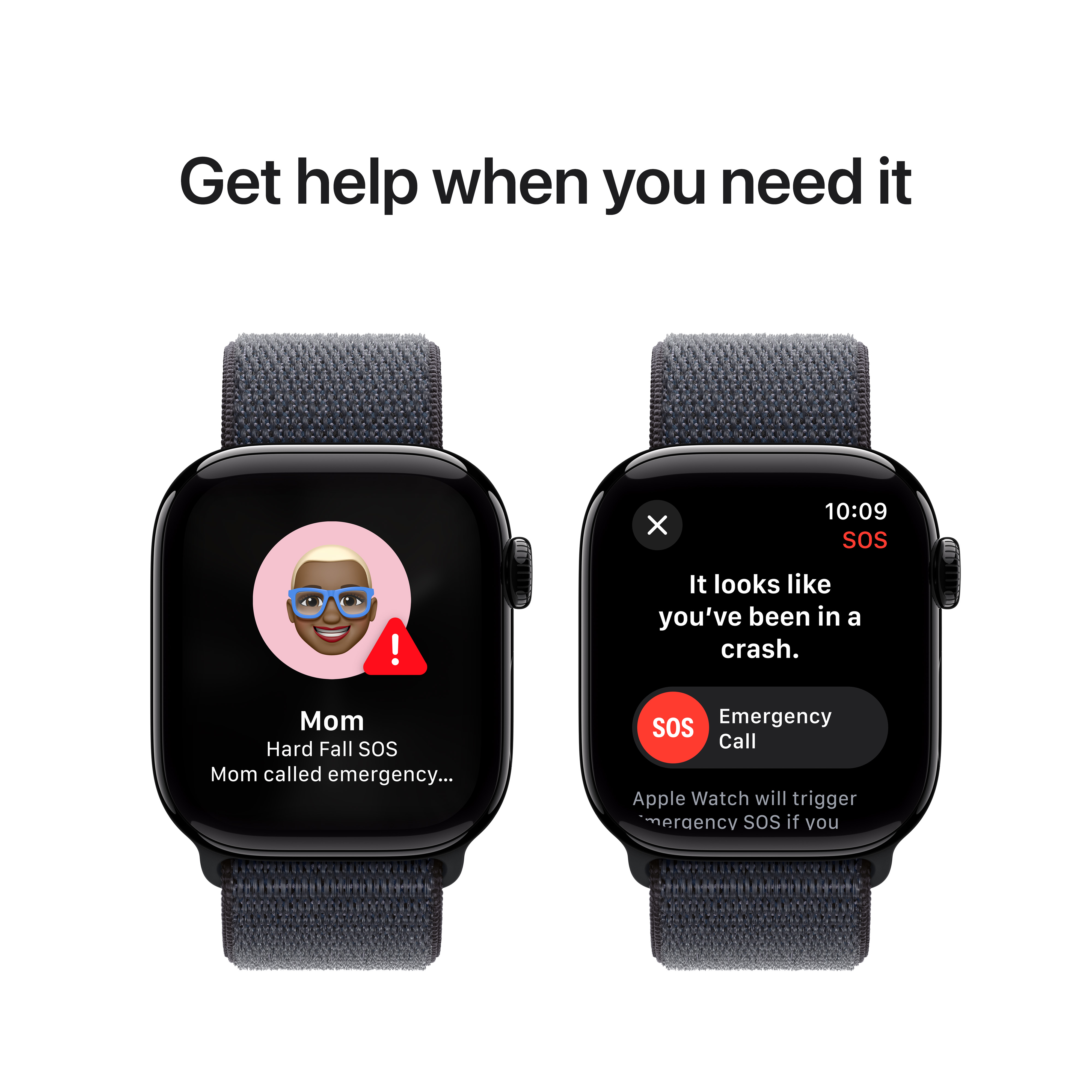 Deux Apple Watches : l'une affiche une alerte SOS, l'autre la détection de chute.