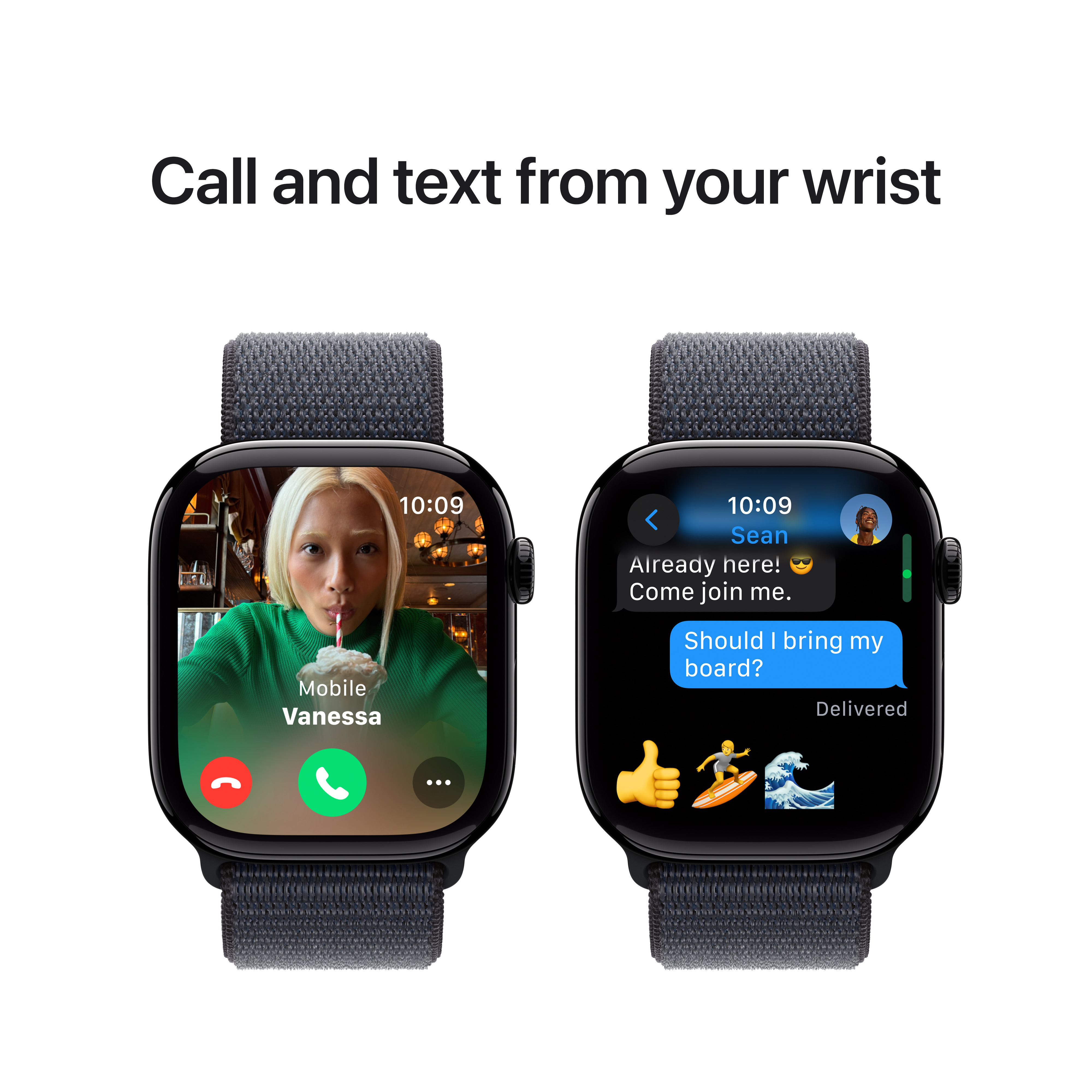 Deux montres connectées affichent appels et messages. L'une montre une fenêtre d'appel vidéo.