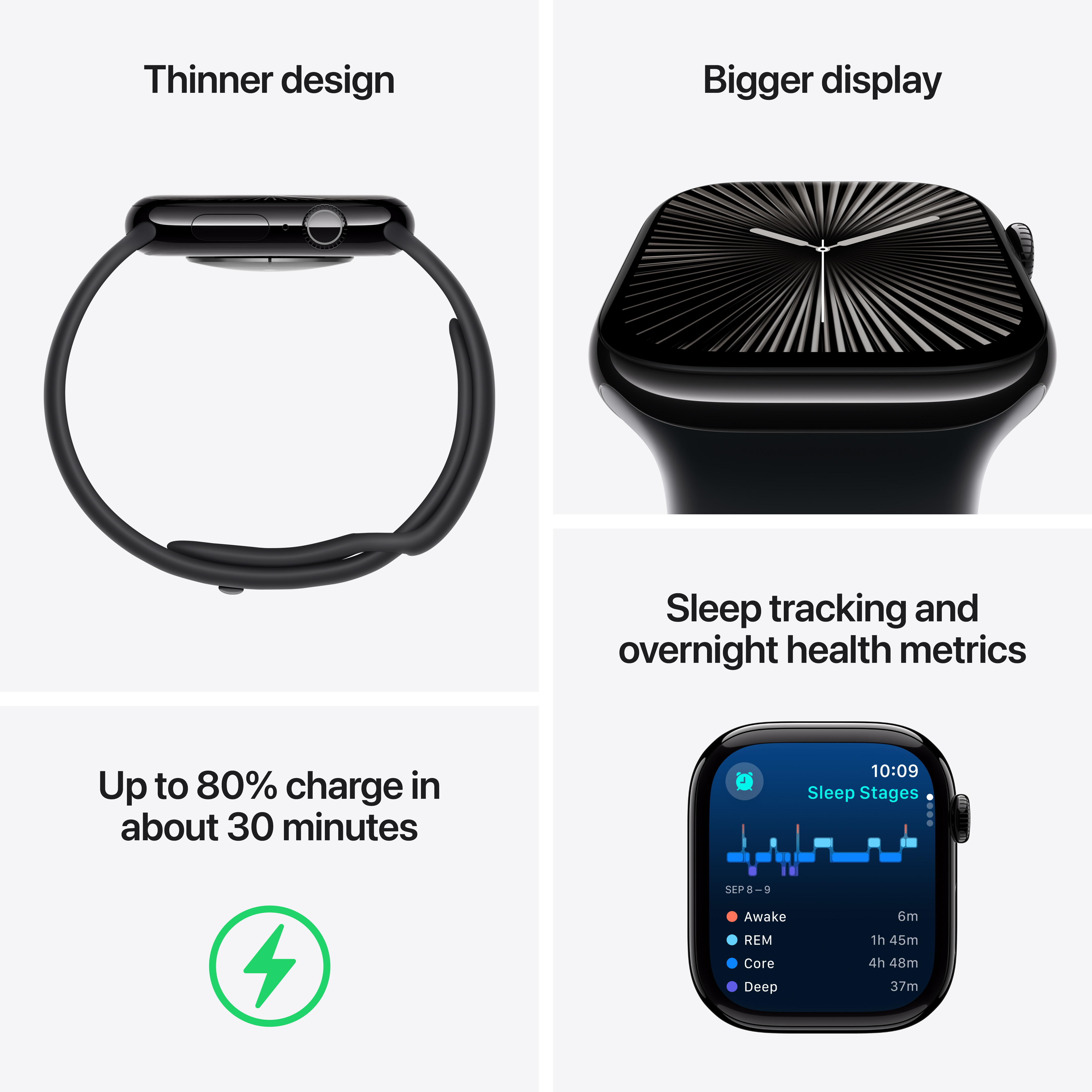 Apple Watch : Design plus fin, écran plus grand, suivi du sommeil et 80 % de charge en 30 min.