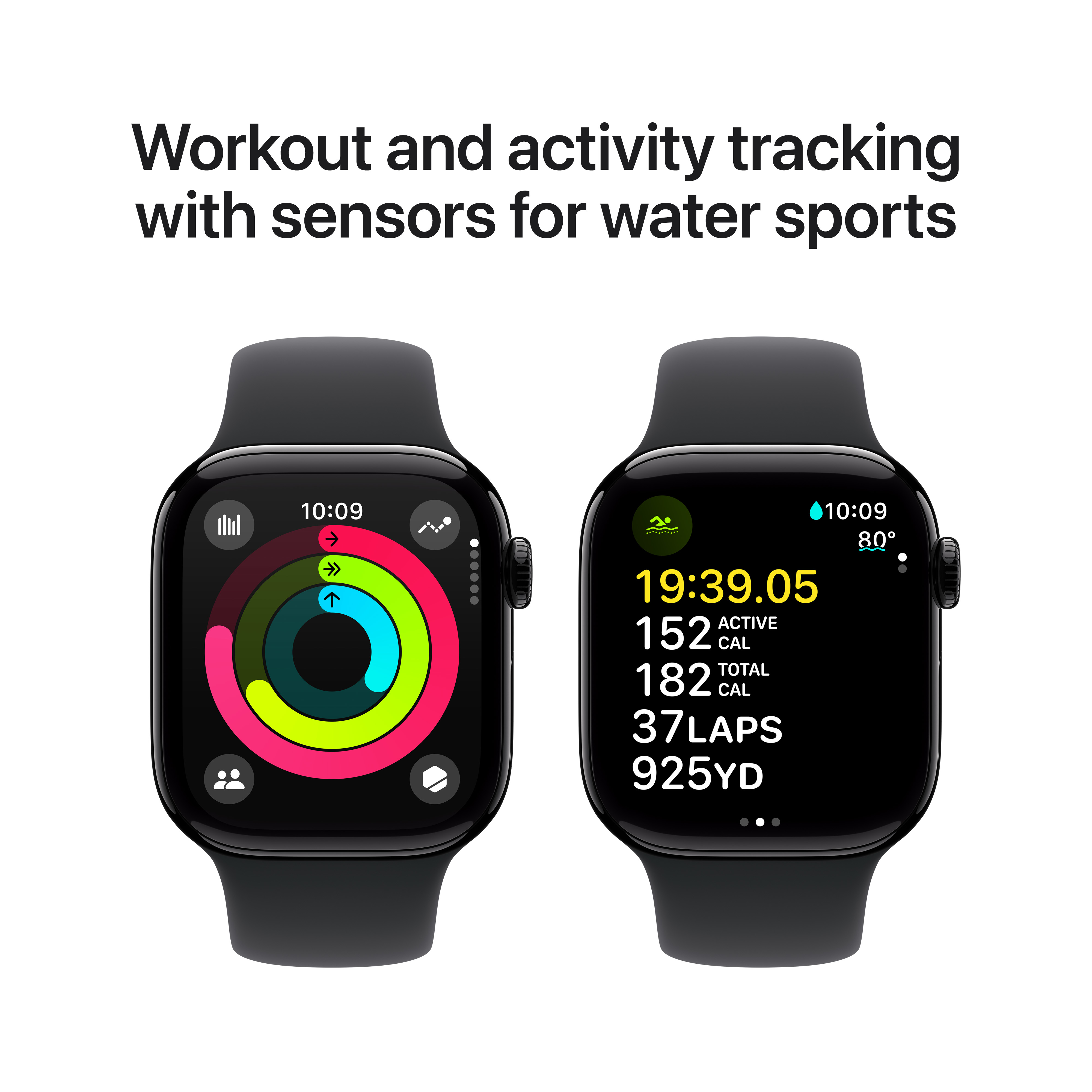 Deux montres intelligentes affichent des données d'entraînement. L'une affiche des anneaux d'activité, l'autre des statistiques.