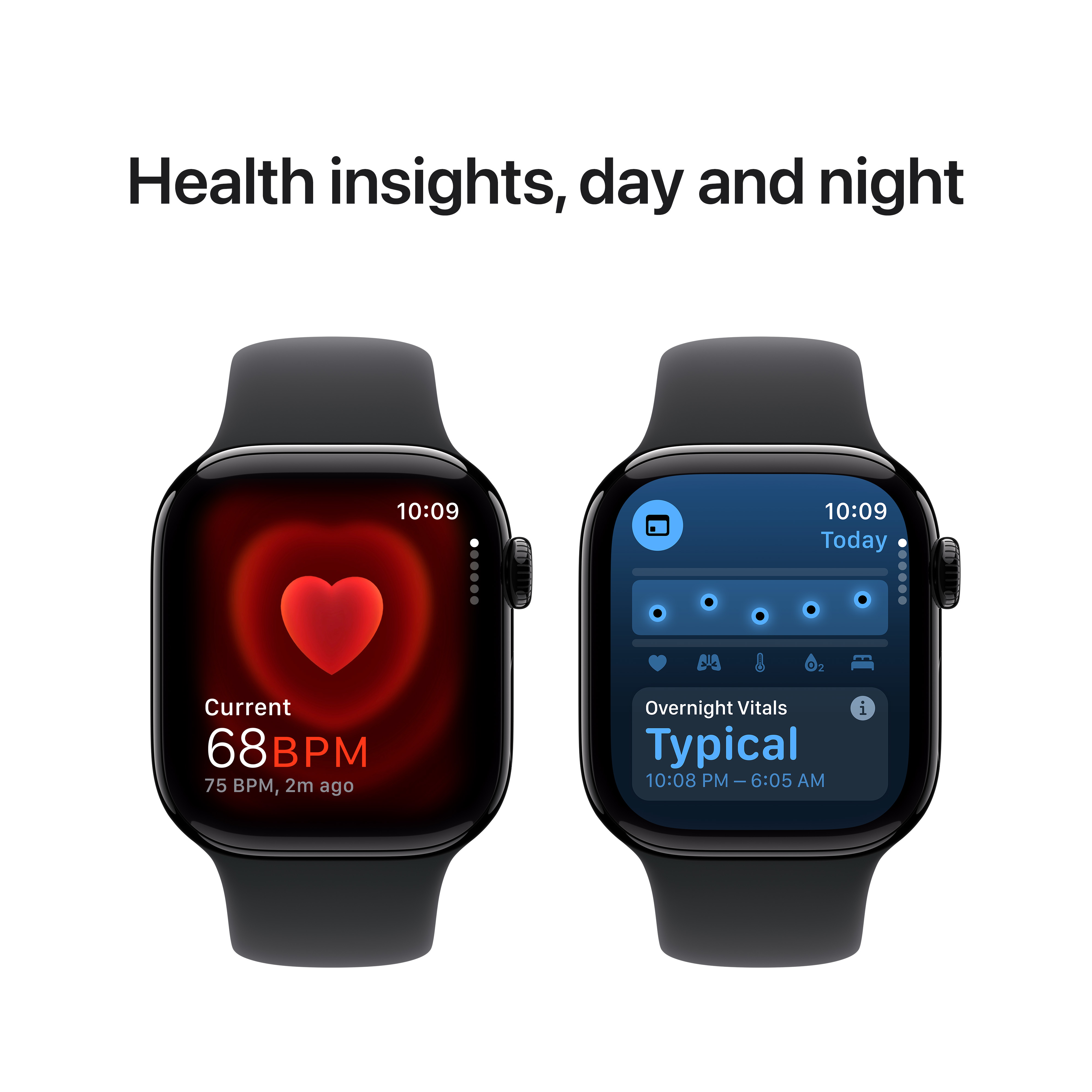 Deux Apple Watch affichant des données de santé. Les deux montres sont noires.