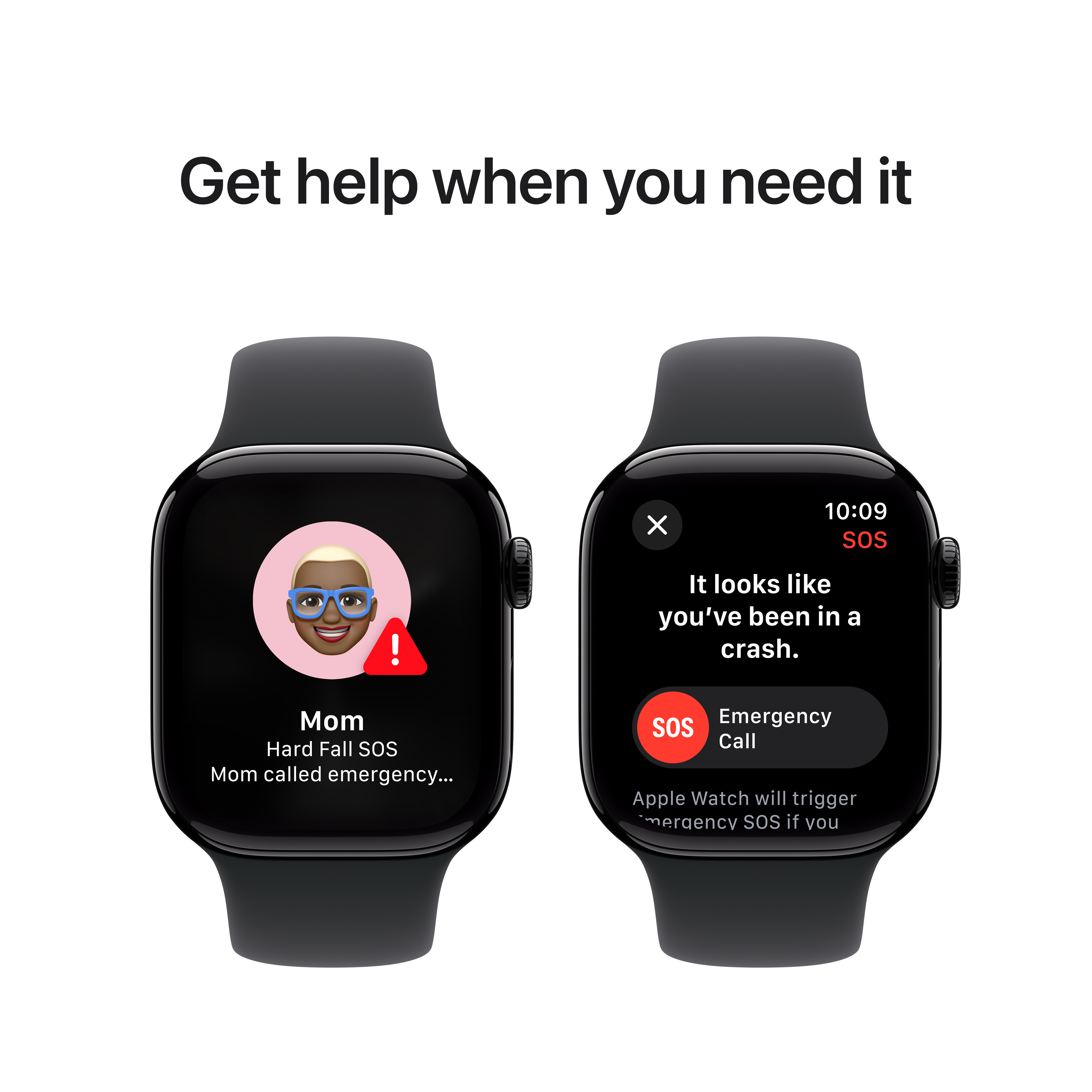Écran SOS Apple Watch. Deux montres affichant appel d'urgence et détection de crash, fond blanc.