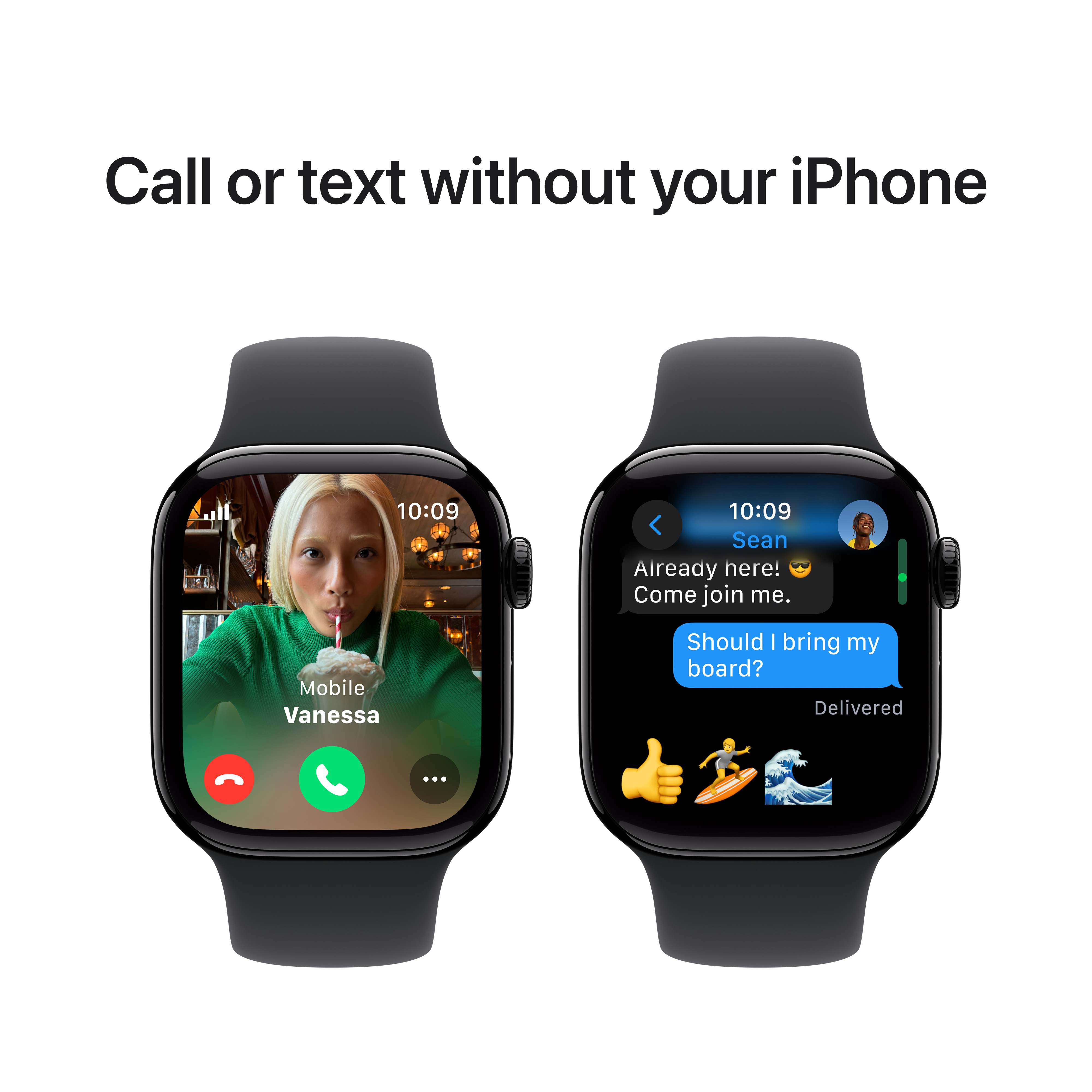 Deux montres connectées, l'une montrant un appel vidéo, l'autre une conversation textuelle avec des emojis.