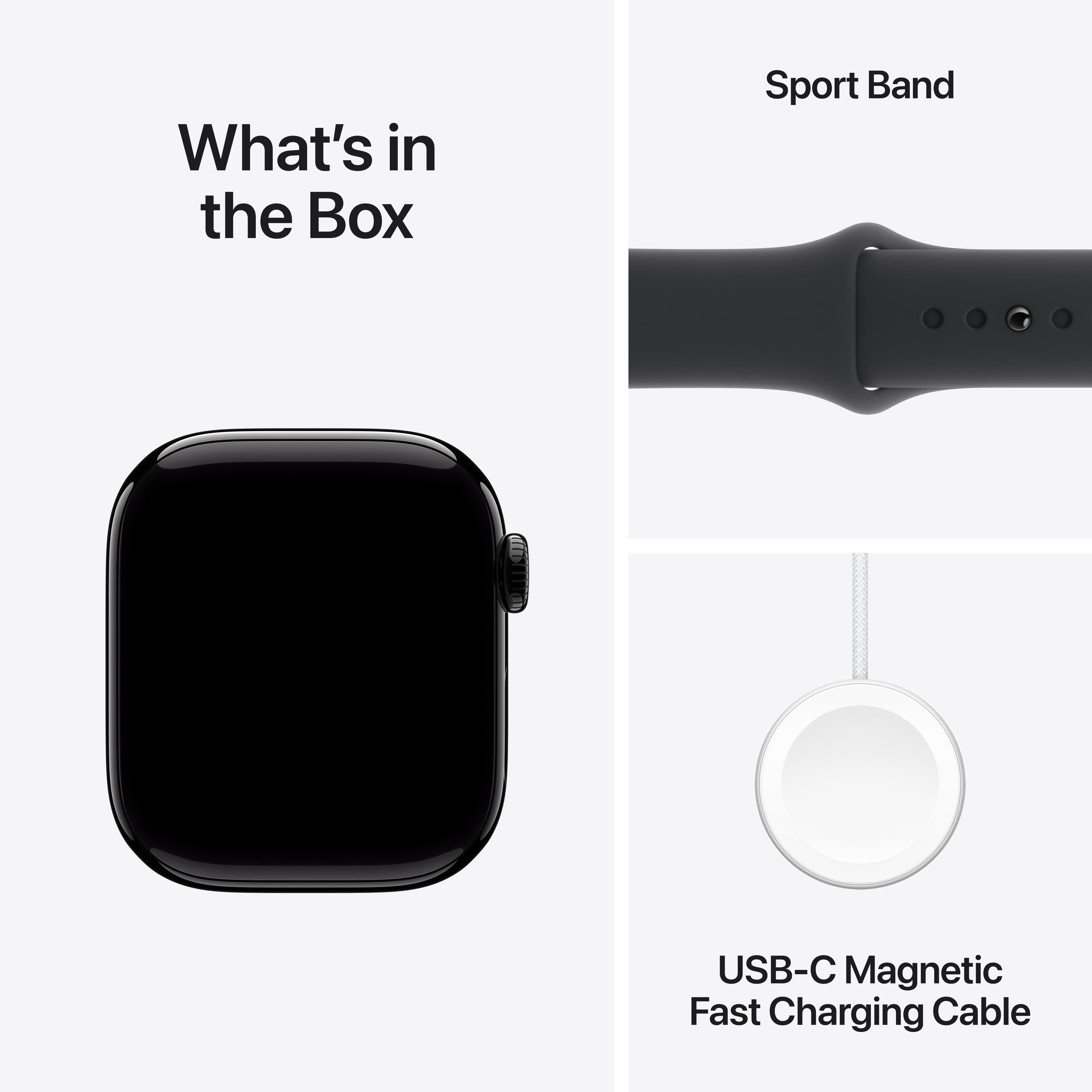 Une Apple Watch noire, un bracelet sport noir et un câble de chargement rapide magnétique USB-C blanc.