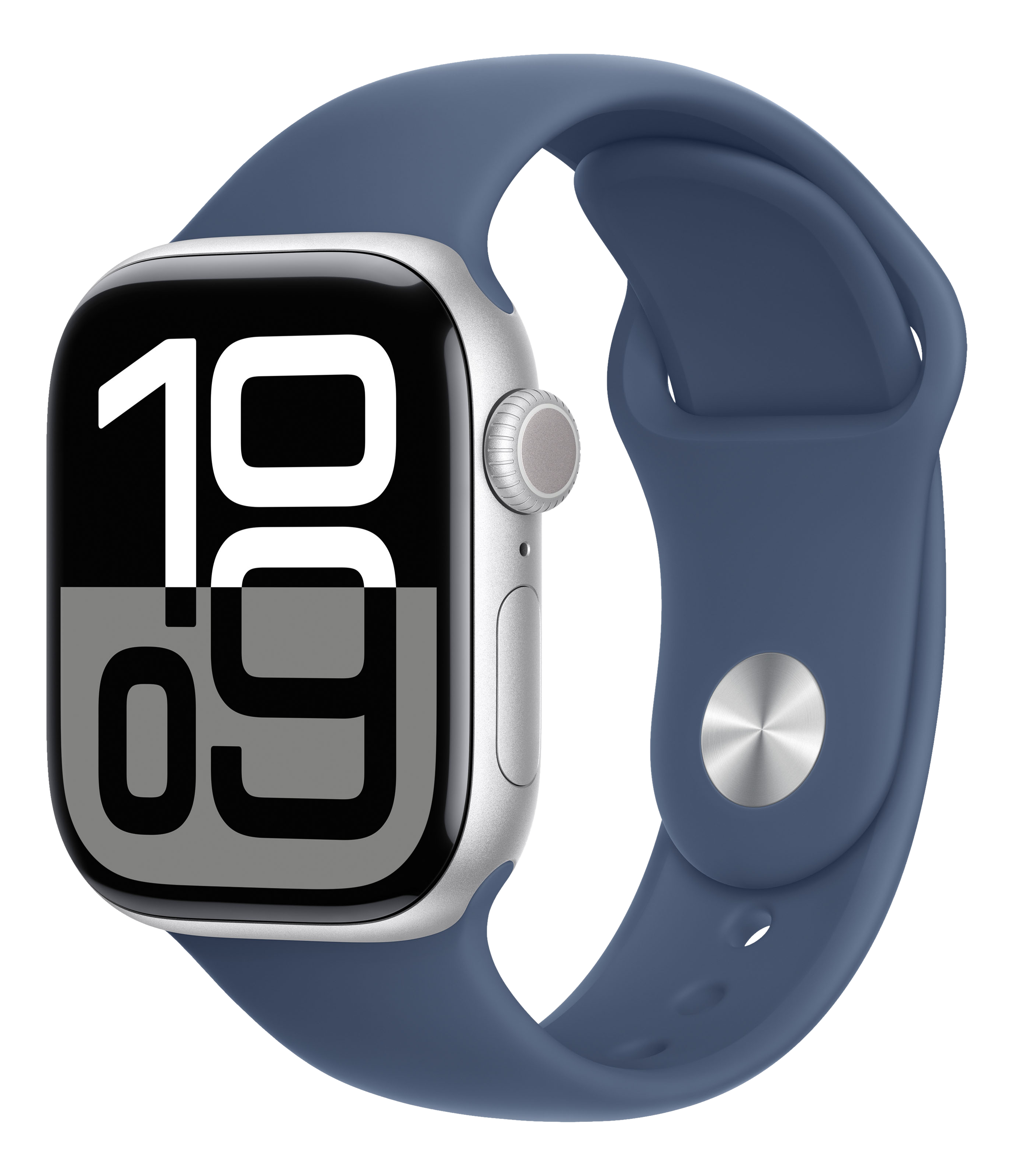 Silberne Apple Watch mit blauem Armband, zeigt die Zeit.