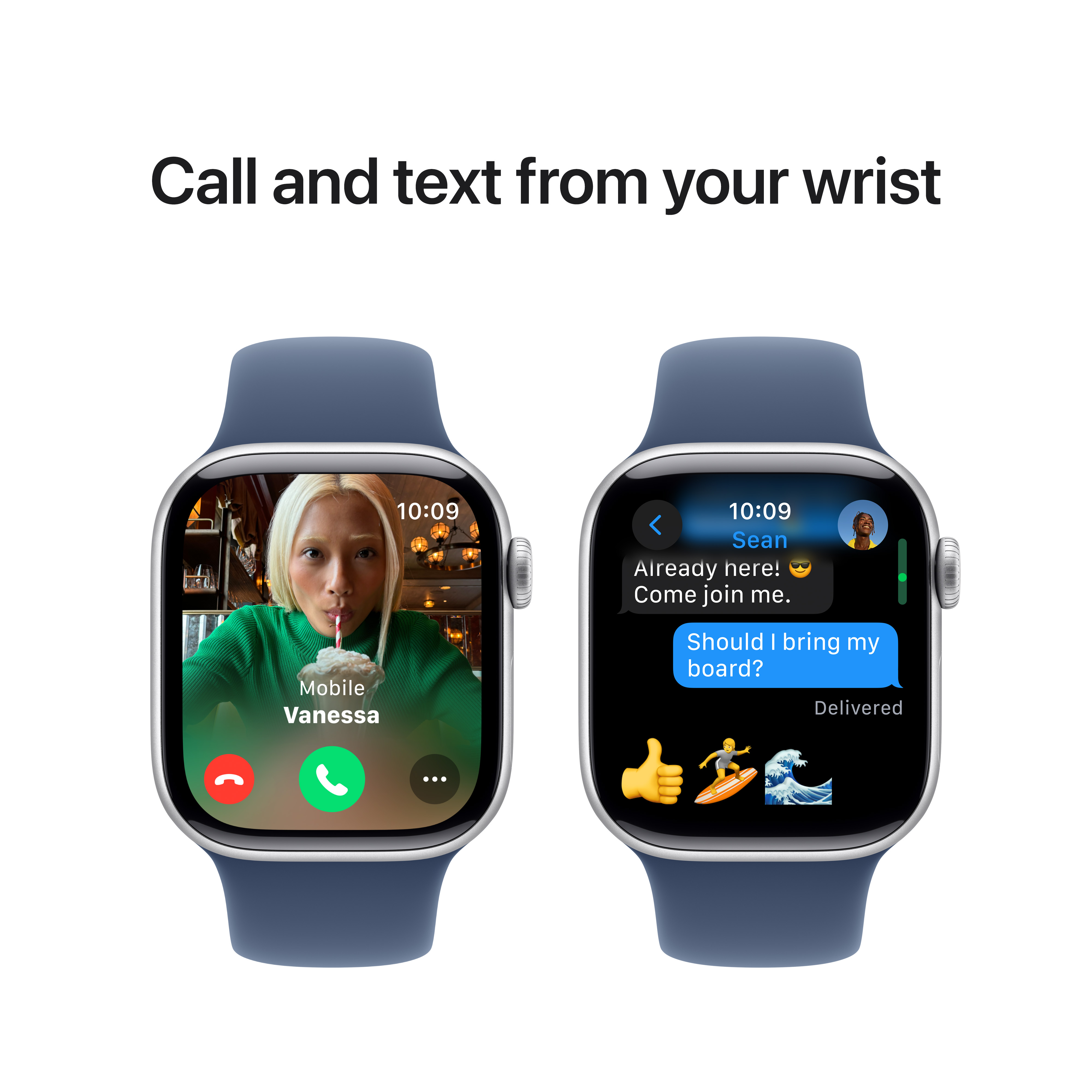 Apple Watch zeigt Videoanruf und Textnachrichten-Konversation mit Emojis auf einer Uhr mit blauem Armband.