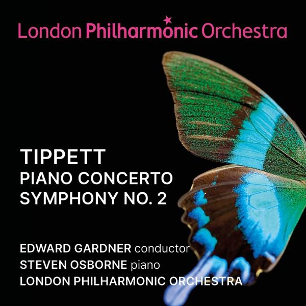 Albumhoes voor Tippett Piano Concerto en Symfonie nr. 2, met een afbeelding van een vlindervleugel.