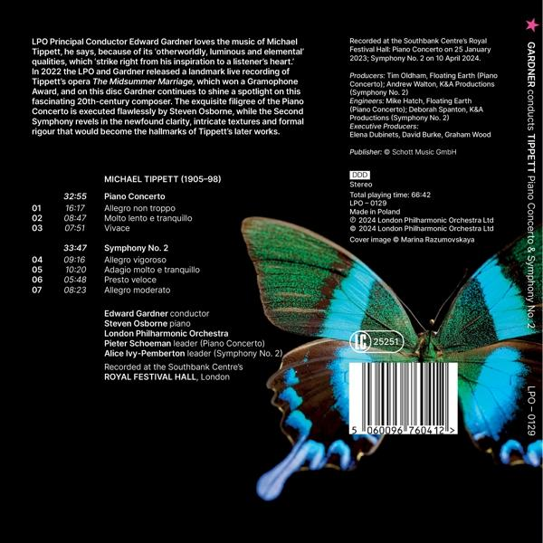 Achterkant van cd met vlinder afbeelding en tekst over Tippett's pianoconcert & symfonie.