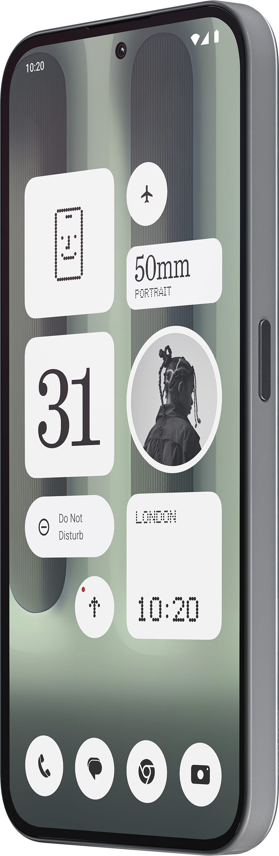 Interface de smartphone avec widgets, photo d'une personne, calendrier et icônes d'applications.
