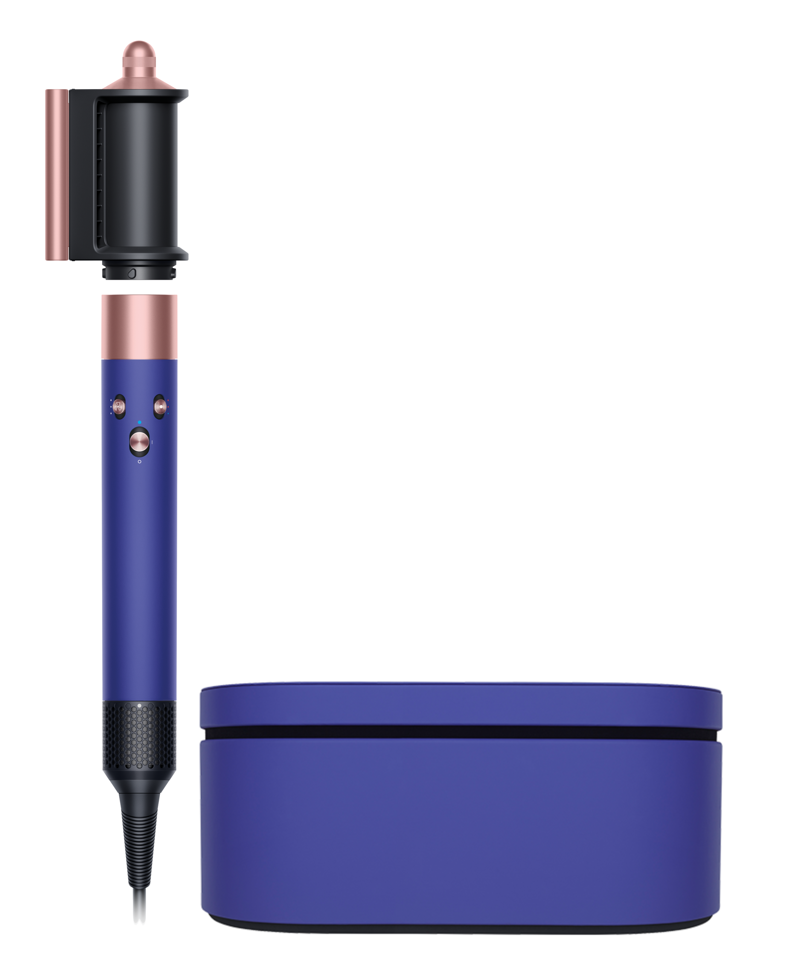 Dyson Airwrap Styler mit blauem Griff, roségoldenen Akzenten und blauem Aufbewahrungskoffer.