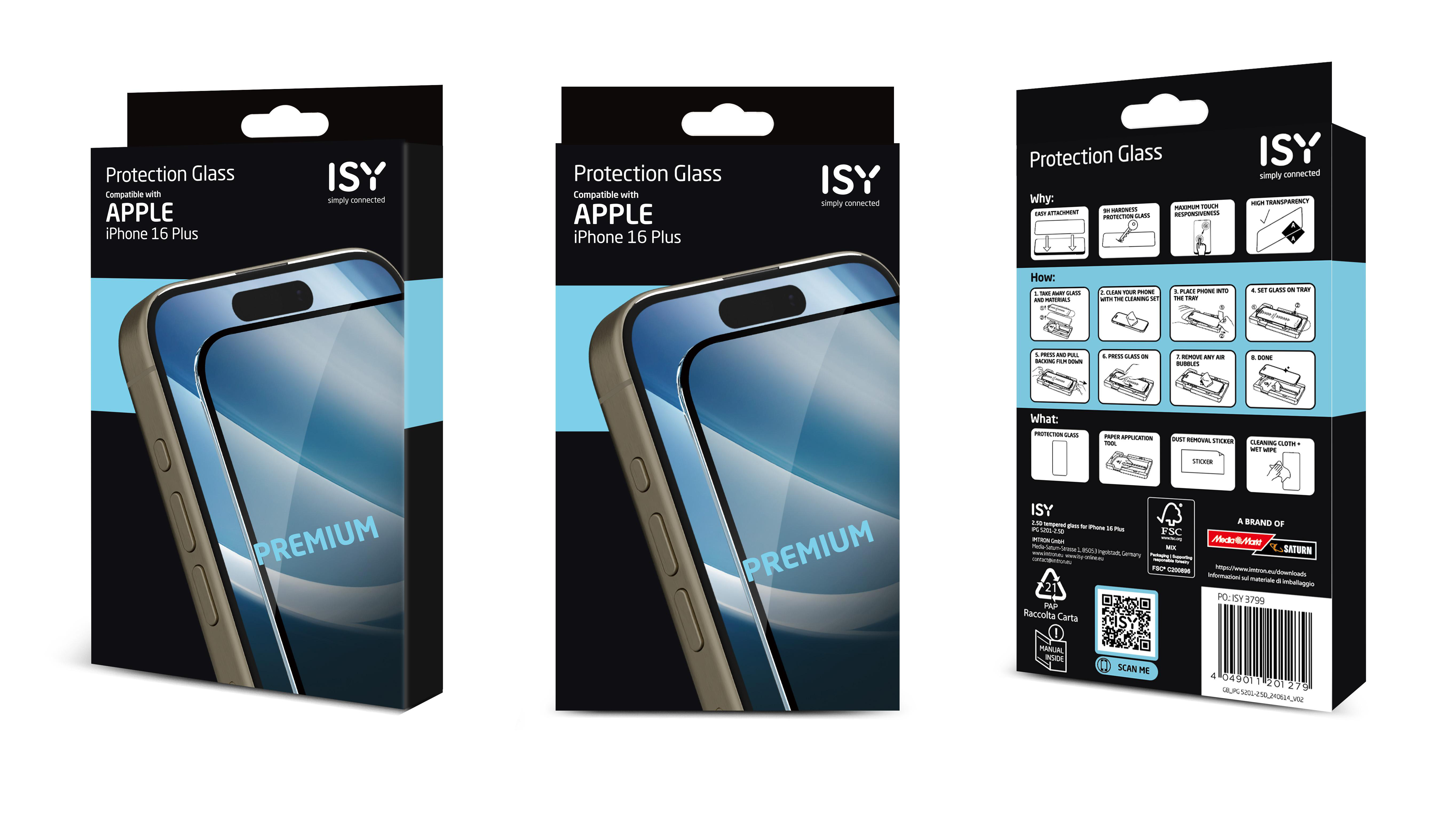 Drei iPhone 16 Plus Displayschutzboxen. Die Boxen zeigen das Telefon und den Titel 'Protection Glass'.