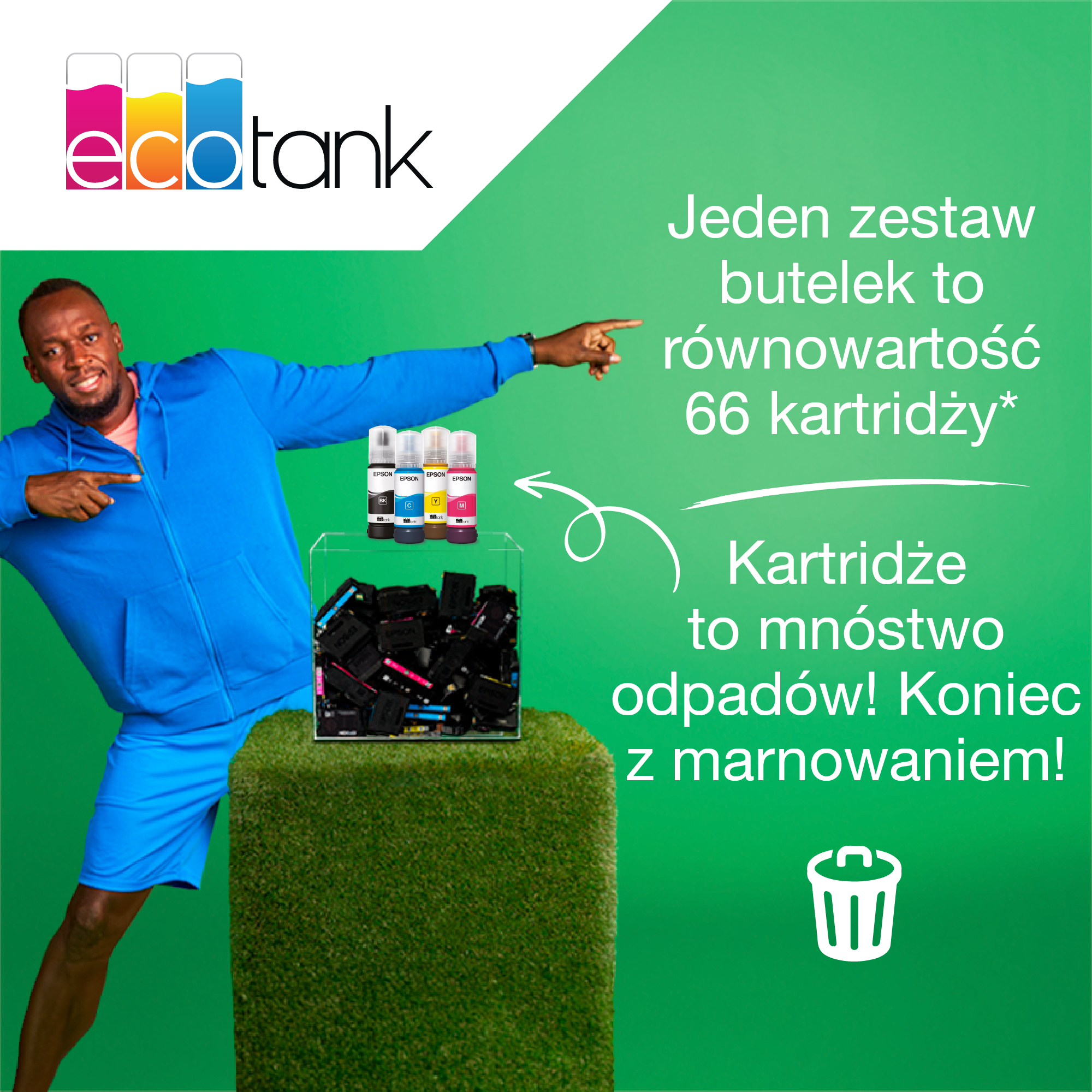 Mężczyzna wskazuje na butelki z tuszem i wkłady. Tekst mówi, że jeden zestaw odpowiada 66 wkładom, zmniejsz odpady. Logo EcoTank.