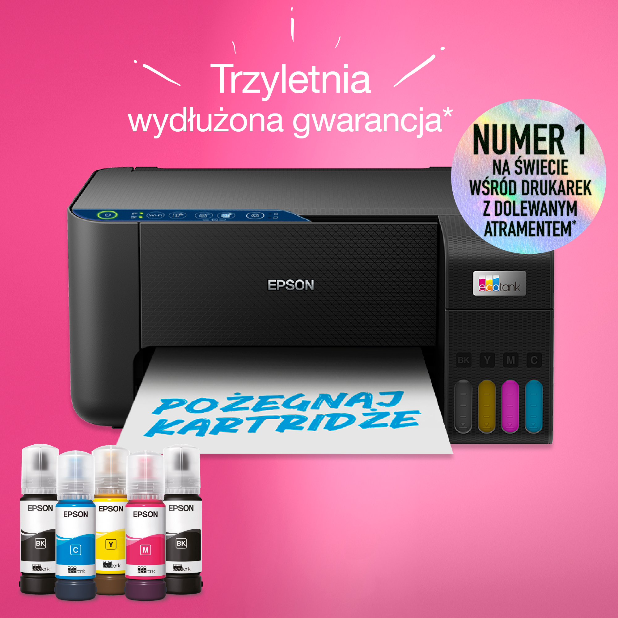 Drukarka Epson z butelkami z tuszem. Różowe tło z tekstem o gwarancji i drukarce numer jeden.