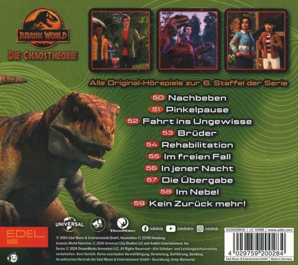 Rückseite einer CD-Hülle mit Dinosaurierbild. Listet Tracks 50-59. Text: Jurassic World Die Chaostheorie.