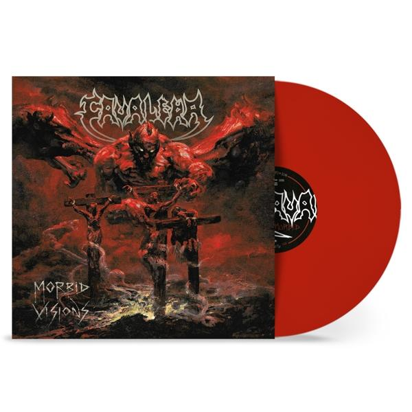 Albumcover mit roter Vinyl-Schallplatte. Artwork einer Metal-Band.