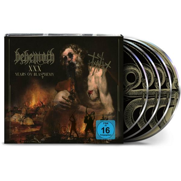 Behemoth-Albumcover mit Dämonen, einem Mann und Flammen. Drei CDs rechts.