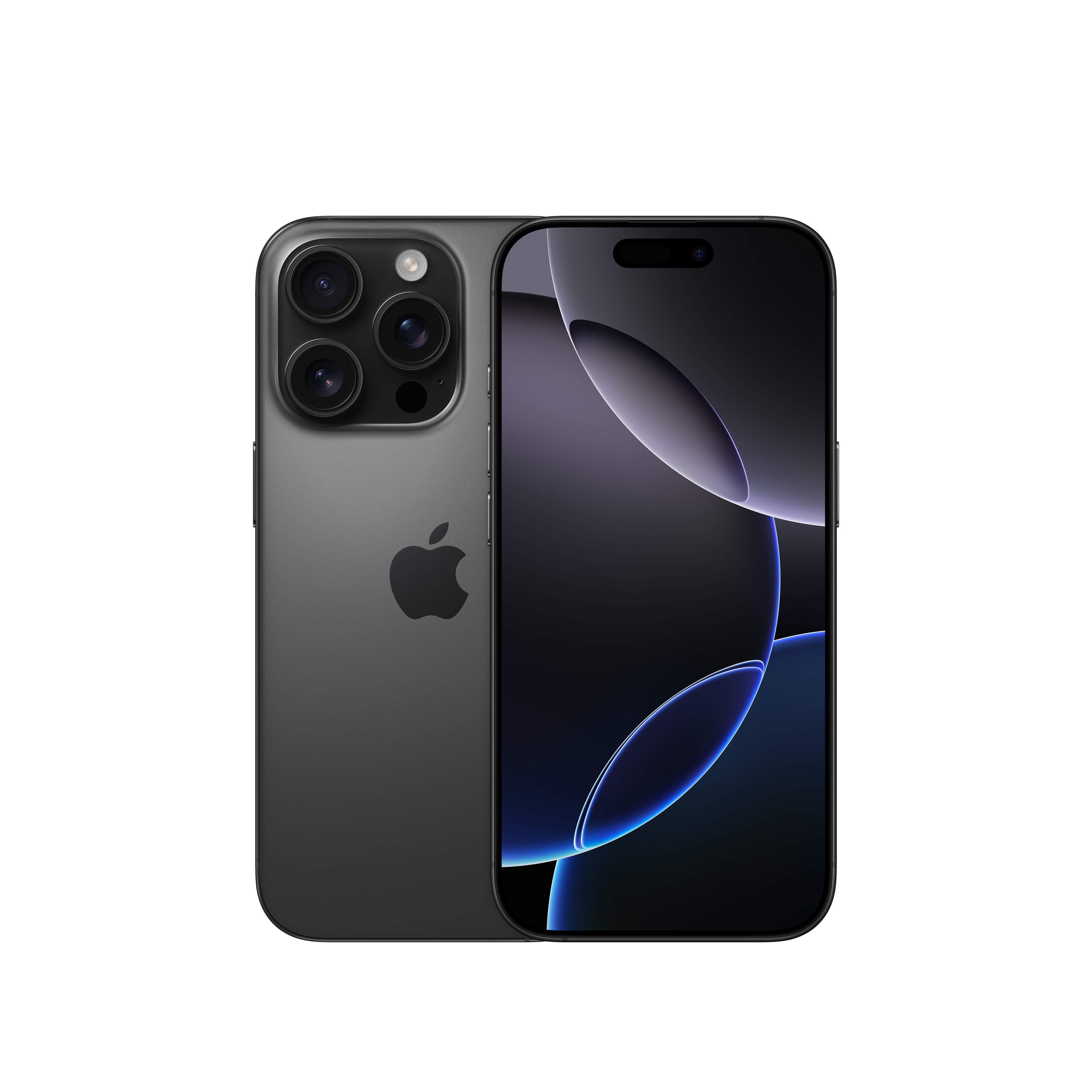 Arkada üç kameralı gri iPhone, gradyan gösteren bir ekran. Siyah zemin.