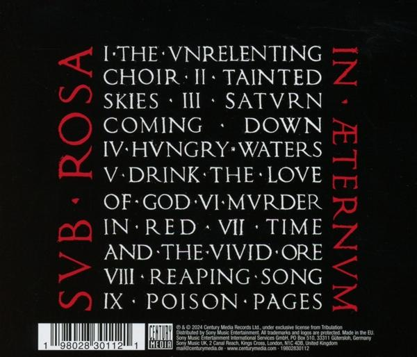 Text auf schwarzem Hintergrund mit Albumtiteln und Credits in roter und weißer Schrift.