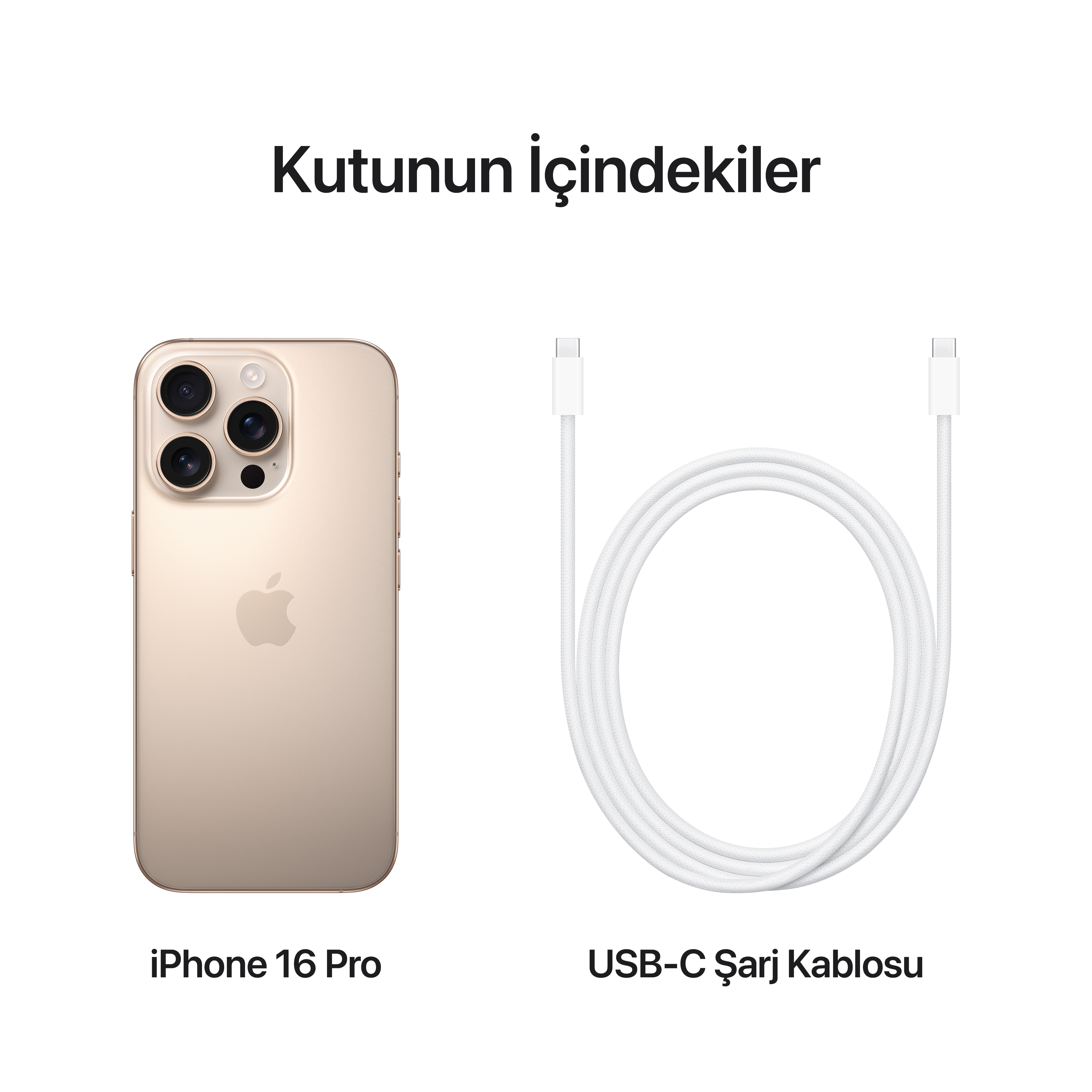 iPhone 16 Pro ve USB-C şarj kablosu, beyaz arka planda sunuluyor.