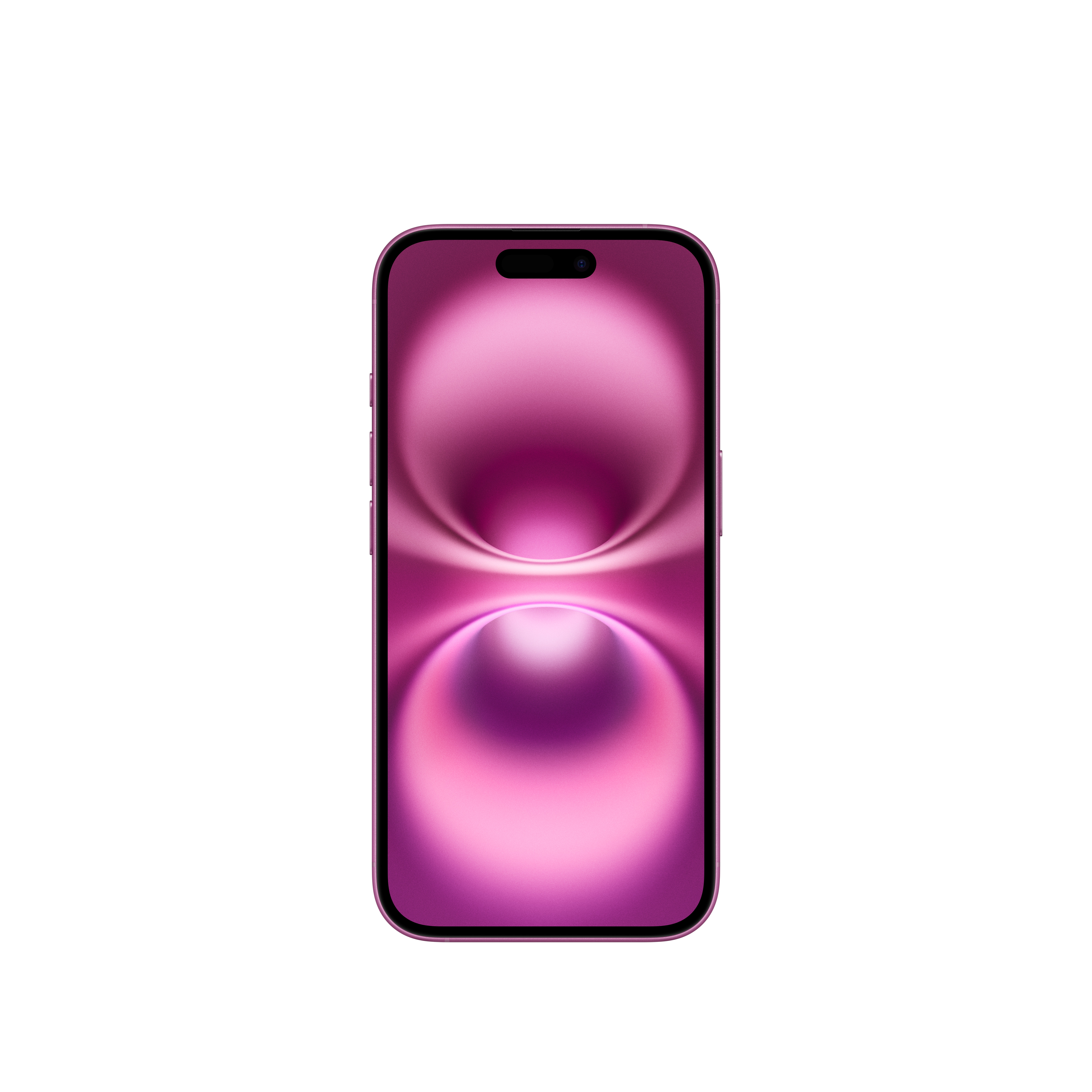 Pembe gradyan arka plana sahip pembe bir iPhone, beyaz bir arka planda görüntüleniyor.