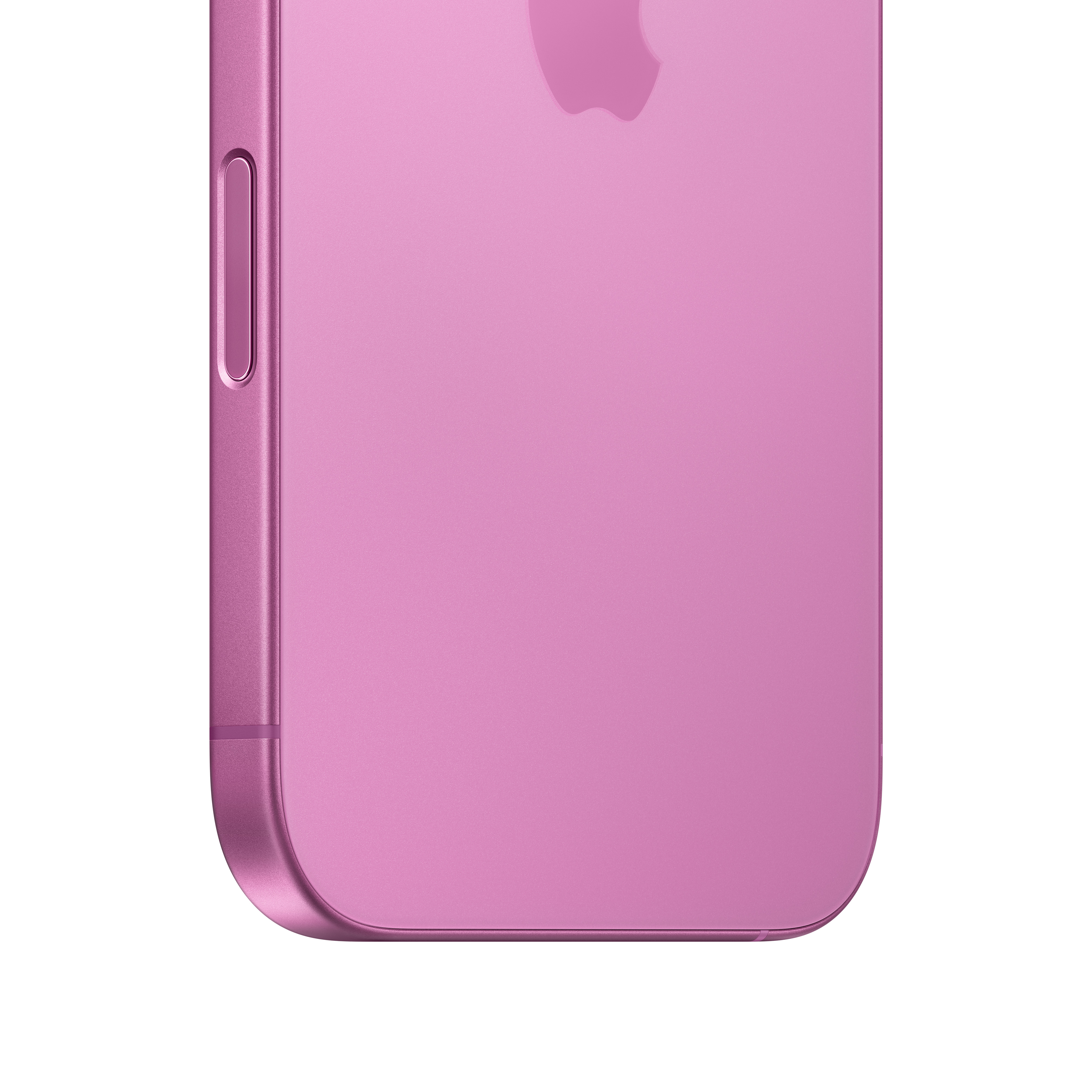 Pembe bir telefonun yakın çekimi, ses düğmesi ve Apple logosunun bulunduğu tarafı gösteriyor.