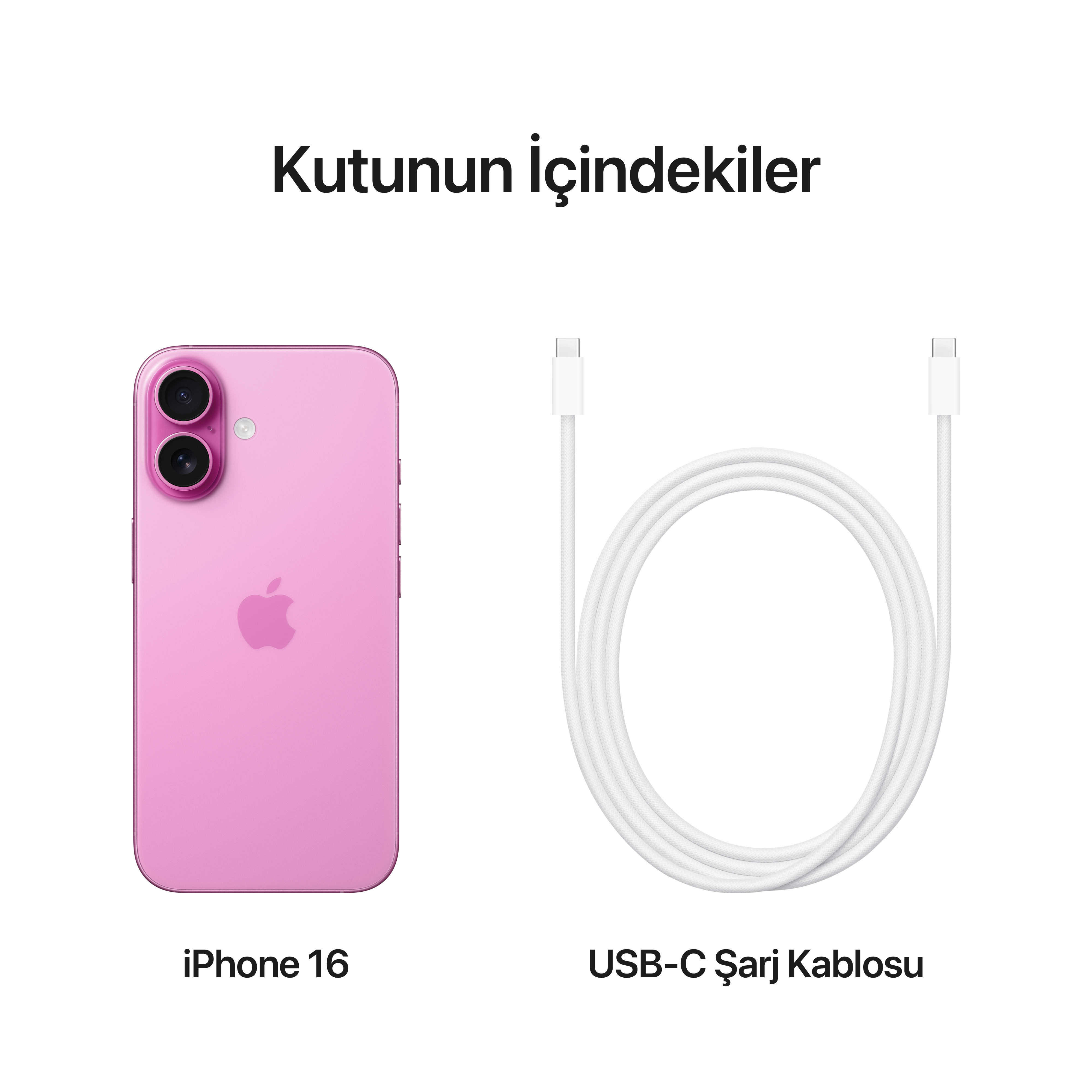 Pembe bir iPhone ve beyaz bir USB-C şarj kablosu beyaz bir arka plan üzerinde, Türkçe metinle.