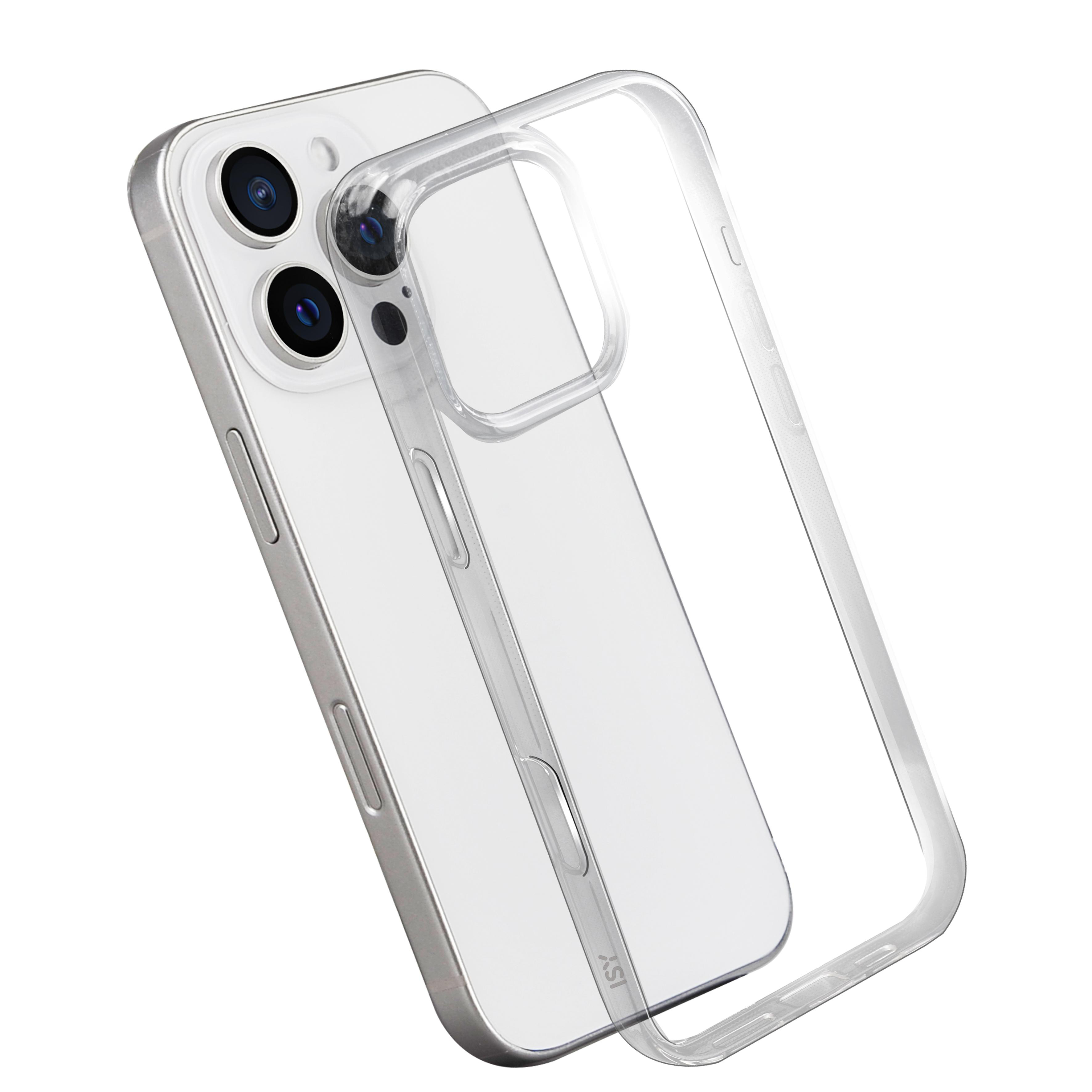 Ein weißes iPhone mit Dreifachkamera, bedeckt von einer transparenten Schutzhülle.