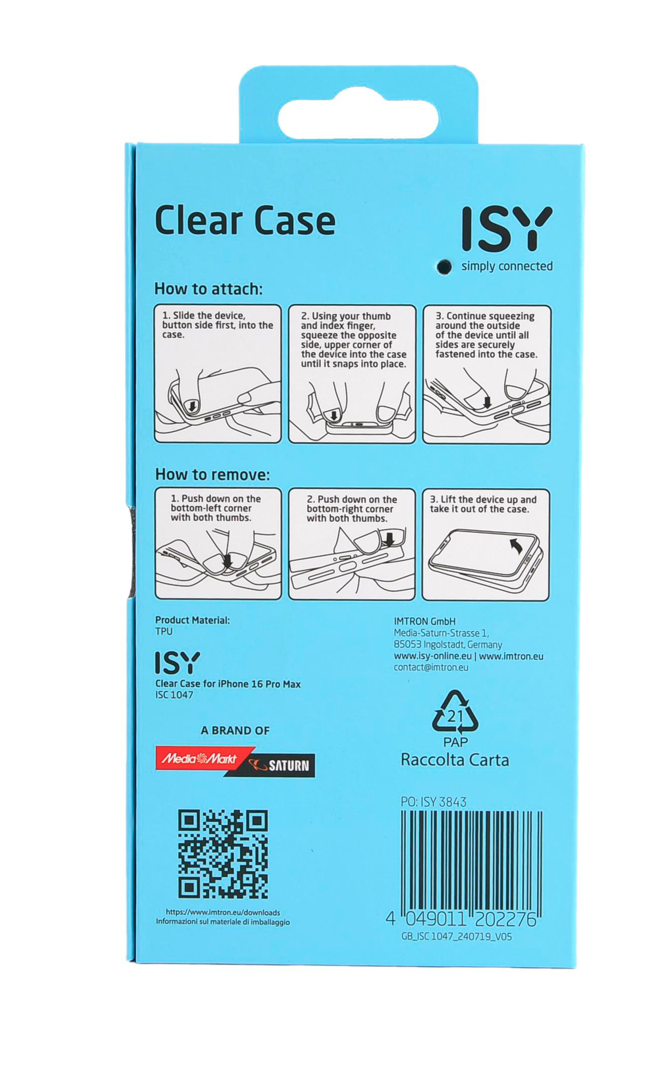 Blau verpackte Rückseite mit Anweisungen zum Anbringen und Entfernen einer transparenten Hülle für ein iPhone.