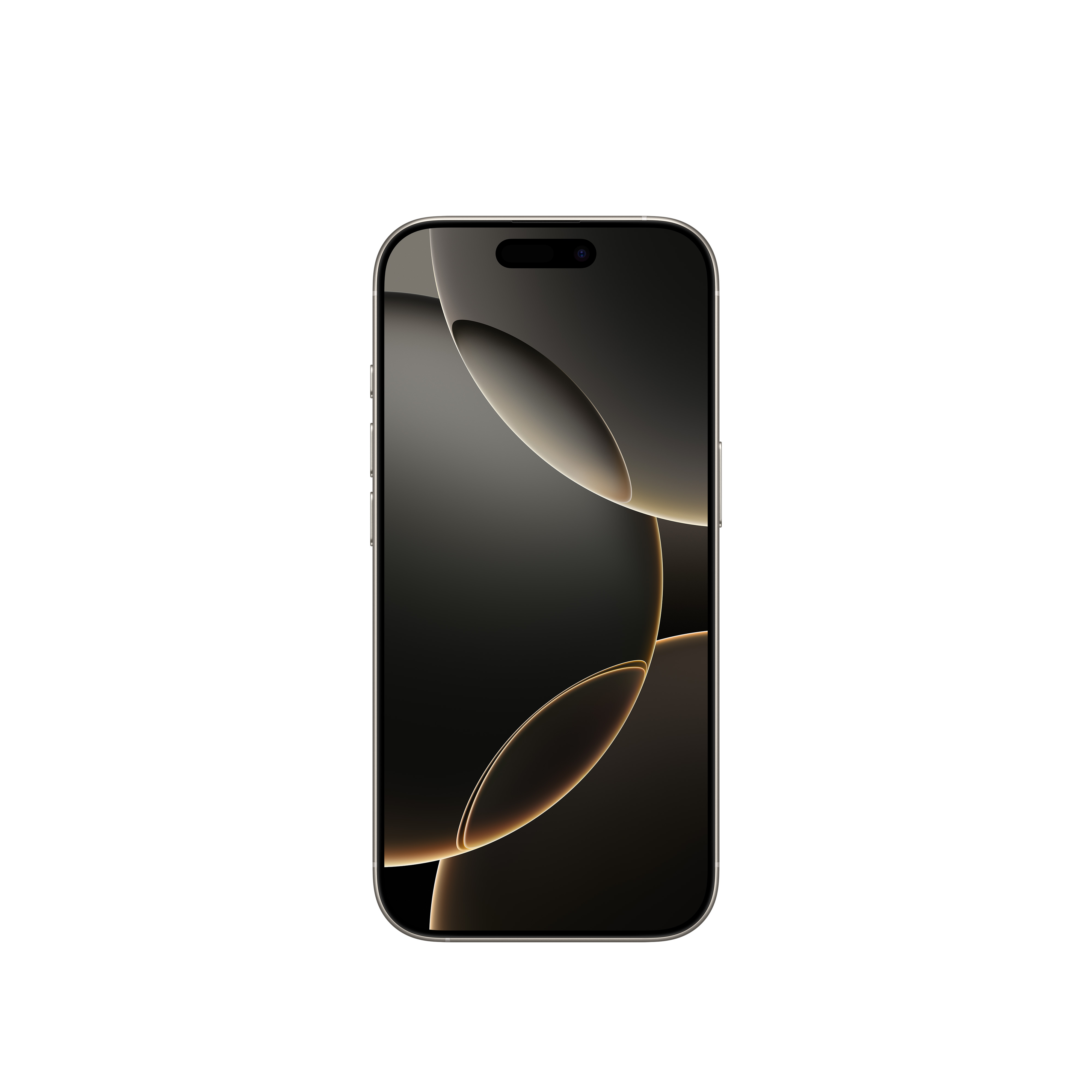 Altın iPhone, önden görünüm, ışık çizgileri ve daireleri olan karanlık, soyut bir duvar kağıdı gösteriyor.