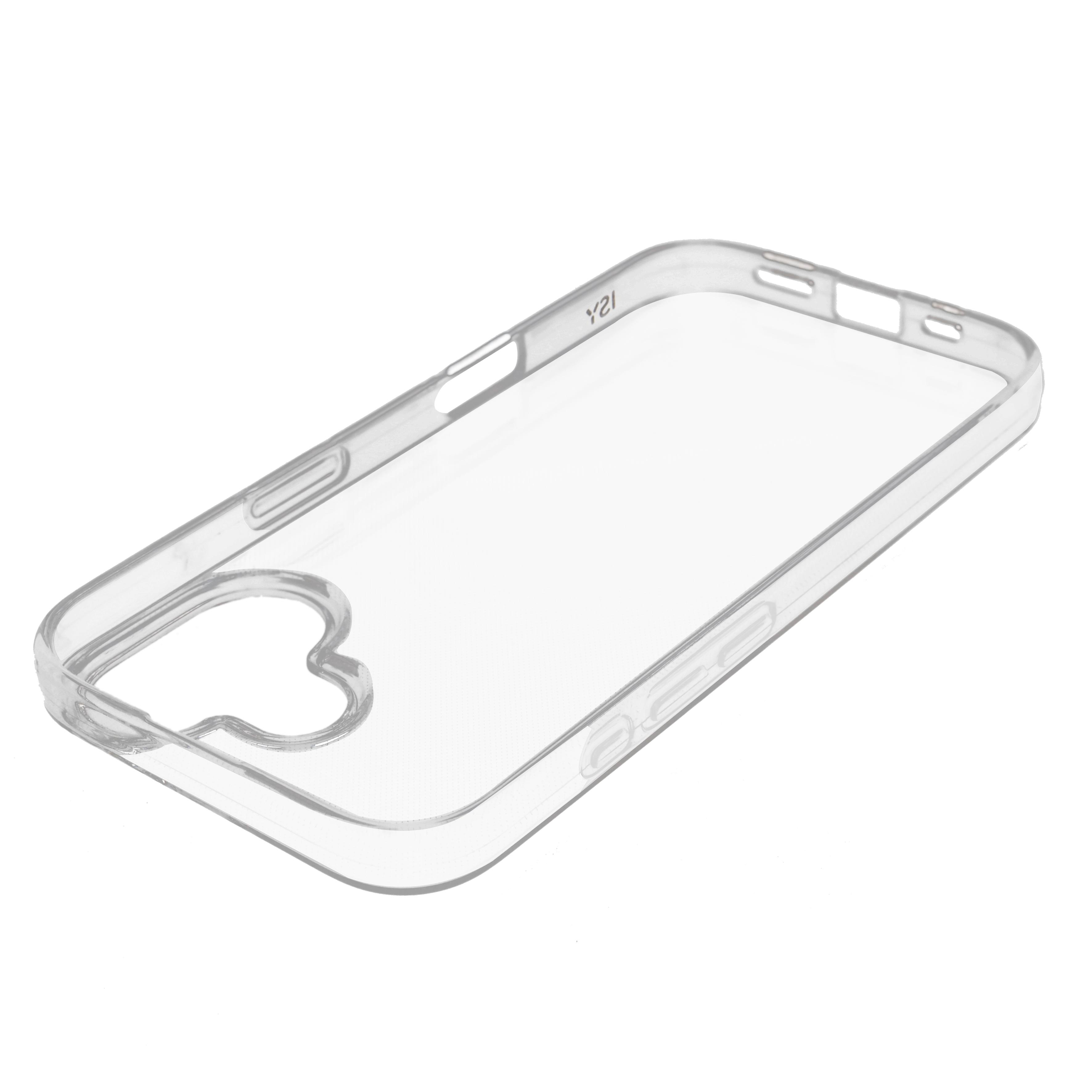 Eine transparente Handyhülle mit Aussparungen für Knöpfe und Kamera, auf weißem Hintergrund.