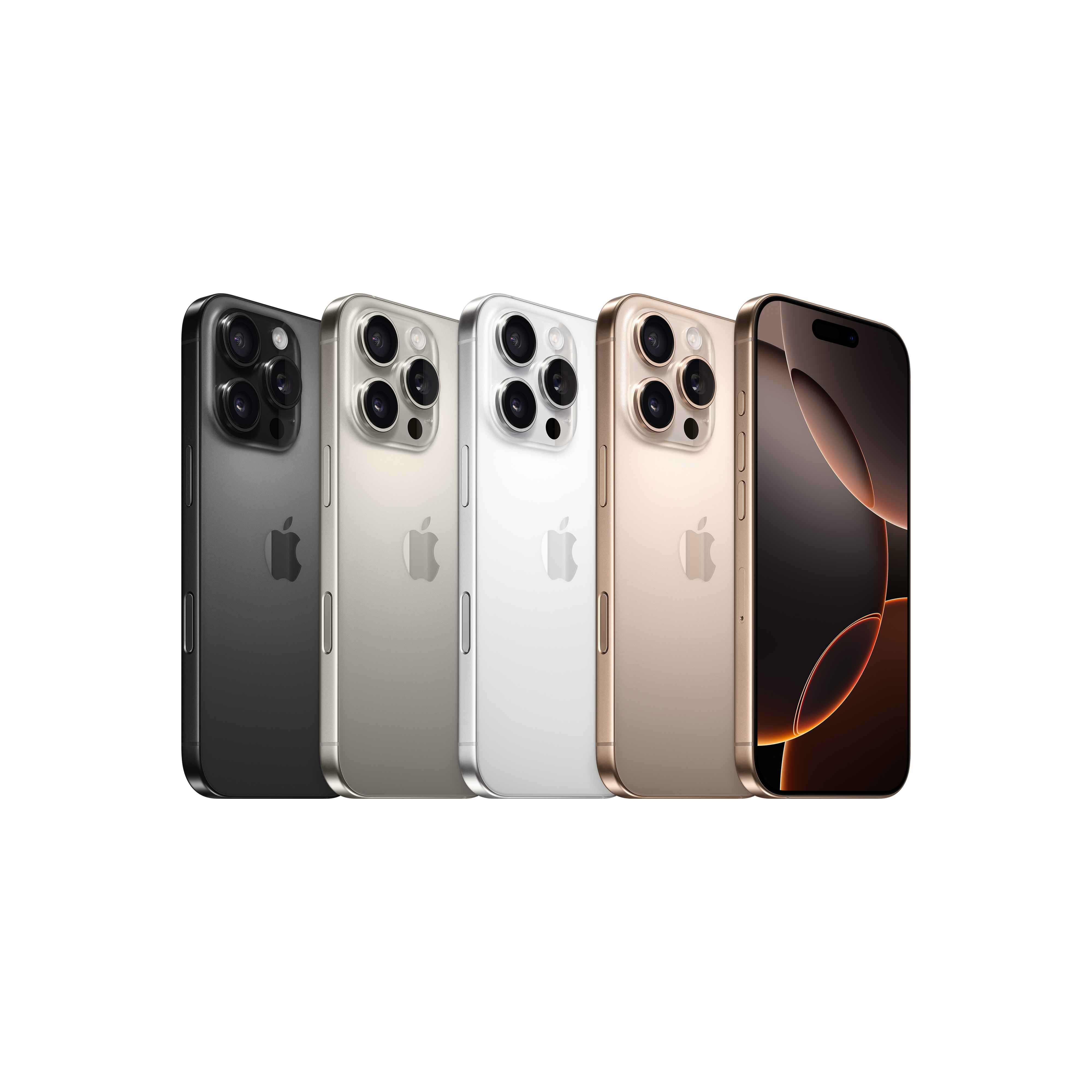 Uzay Siyahı, Gümüş, Altın ve Derin Mor renklerde beş adet iPhone 14 Pro telefon.