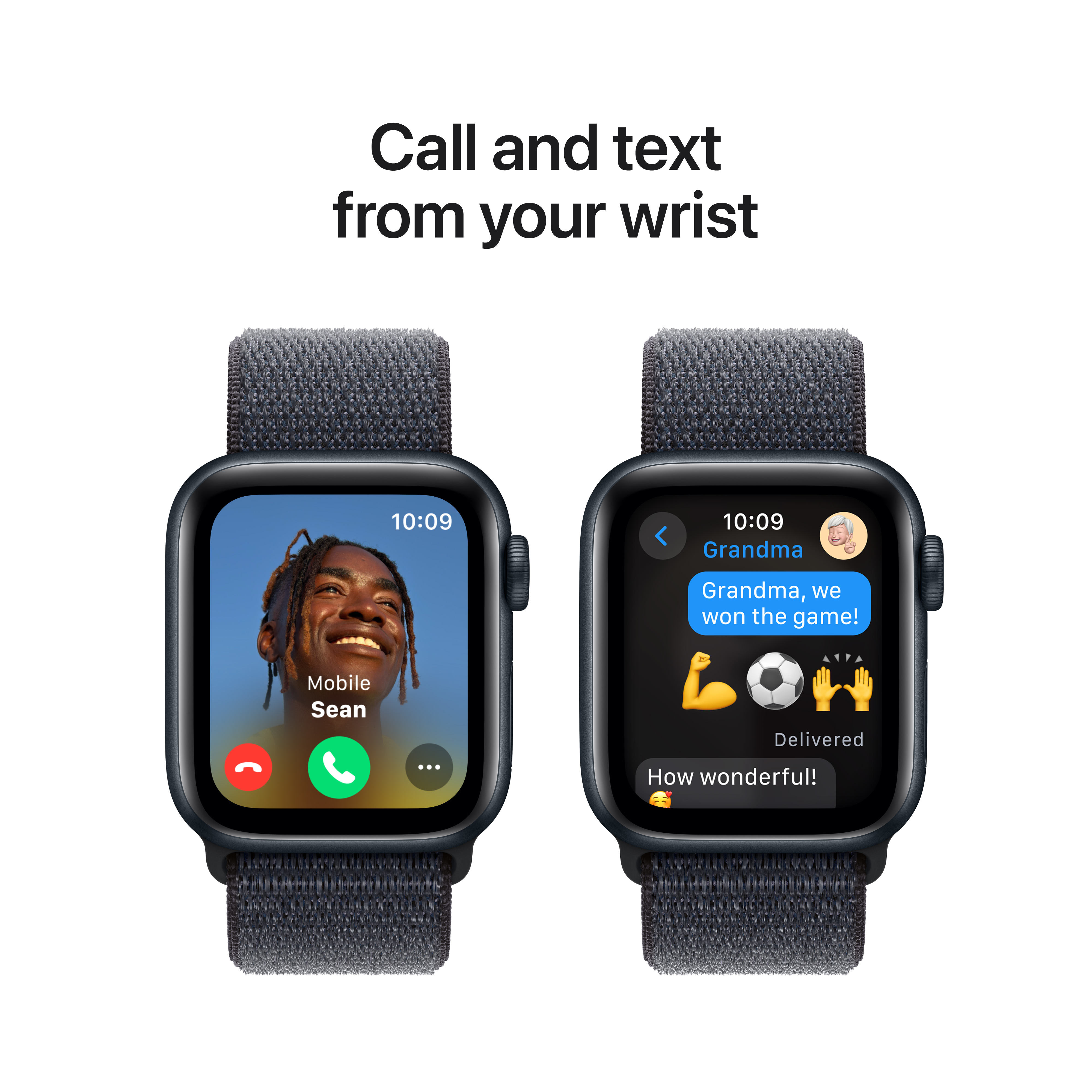 Apple Watches montrant un appel et un texte. Deux montres, bracelets noirs, fond blanc.
