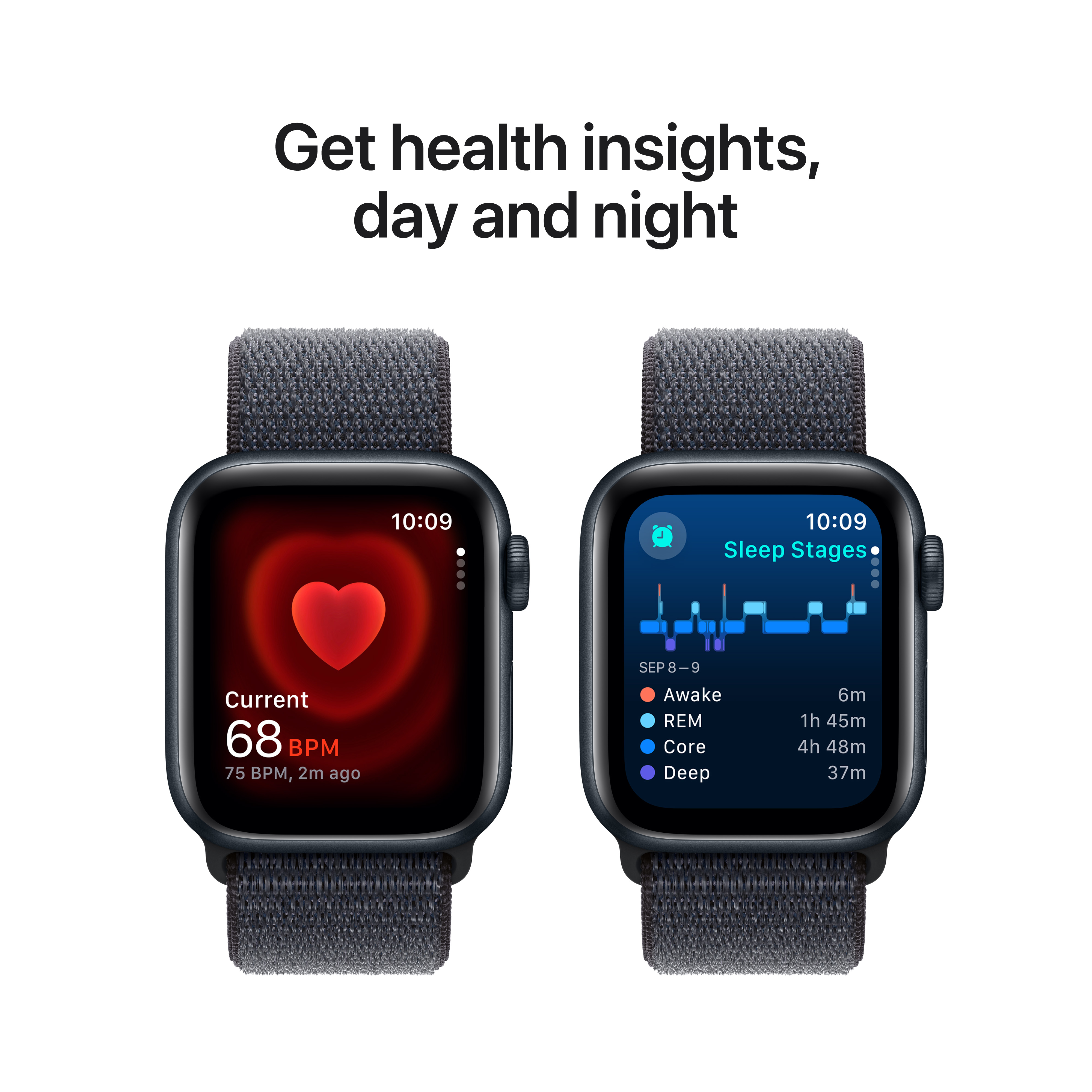 Deux Apple Watch affichant la fréquence cardiaque et les phases de sommeil, bracelets foncés.