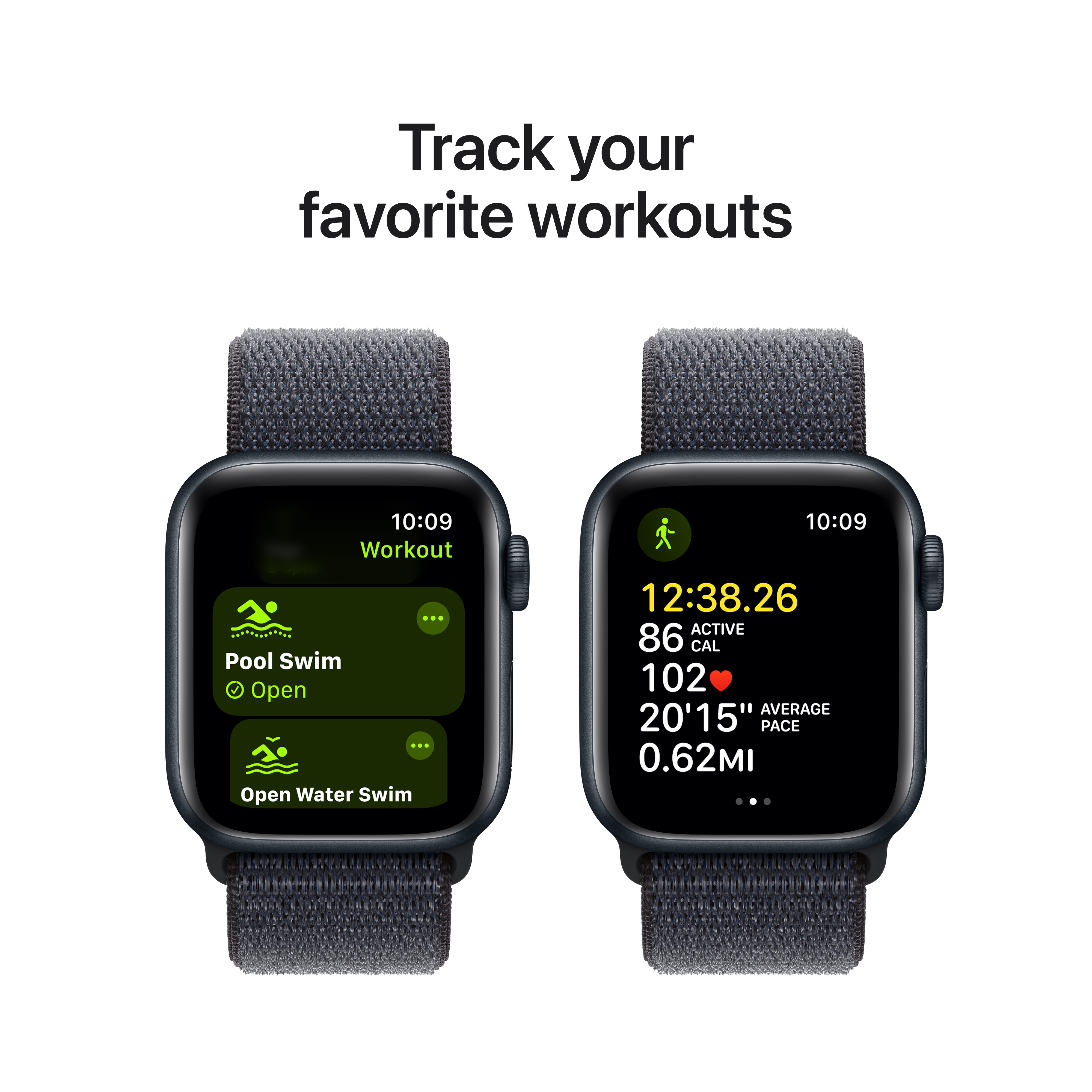 Écrans Apple Watch : suivi d'entraînement. L'un montre la natation en piscine, l'autre les données d'entraînement.