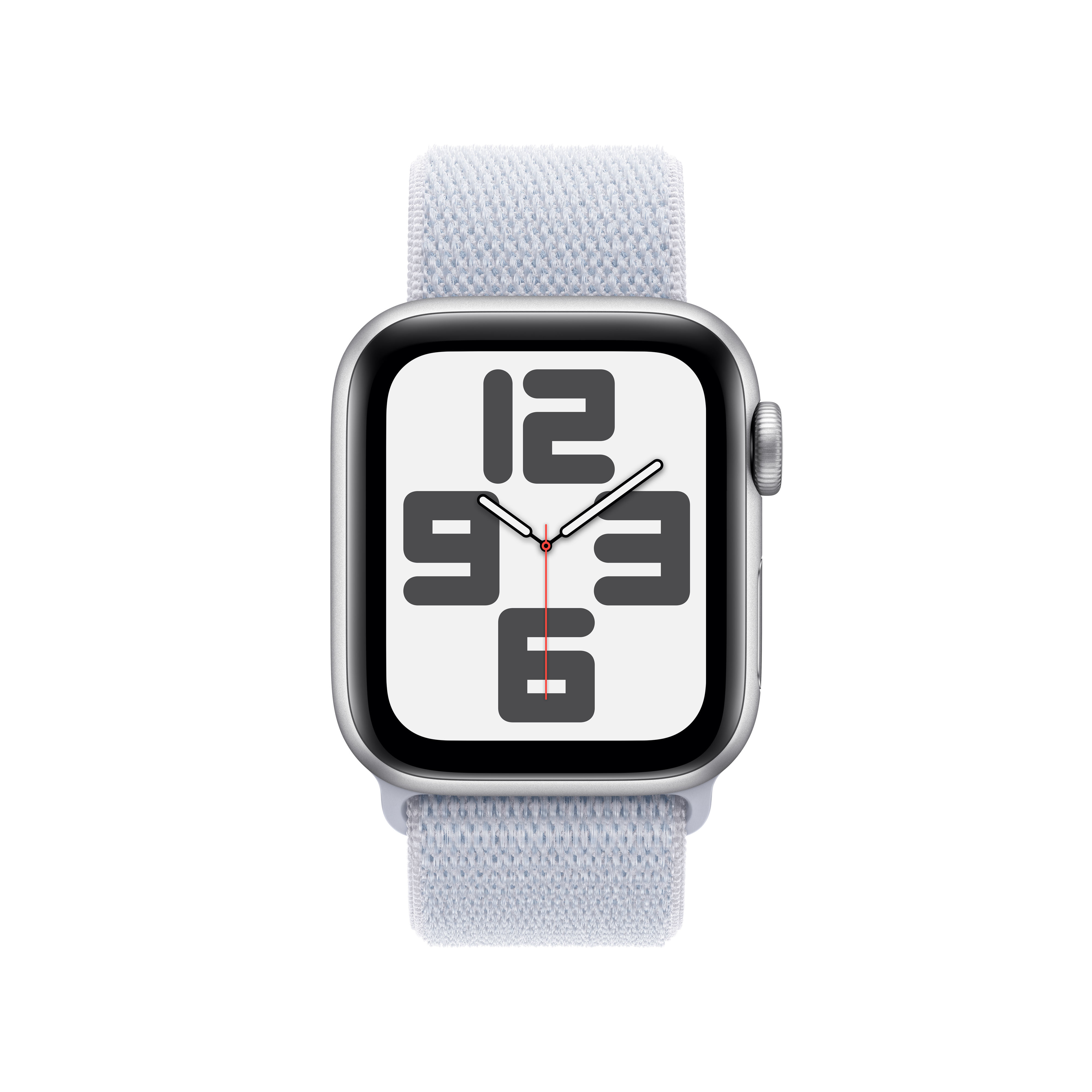 Une Apple Watch avec un boîtier argenté et un bracelet bleu clair. L'heure sur l'écran est 12h36.