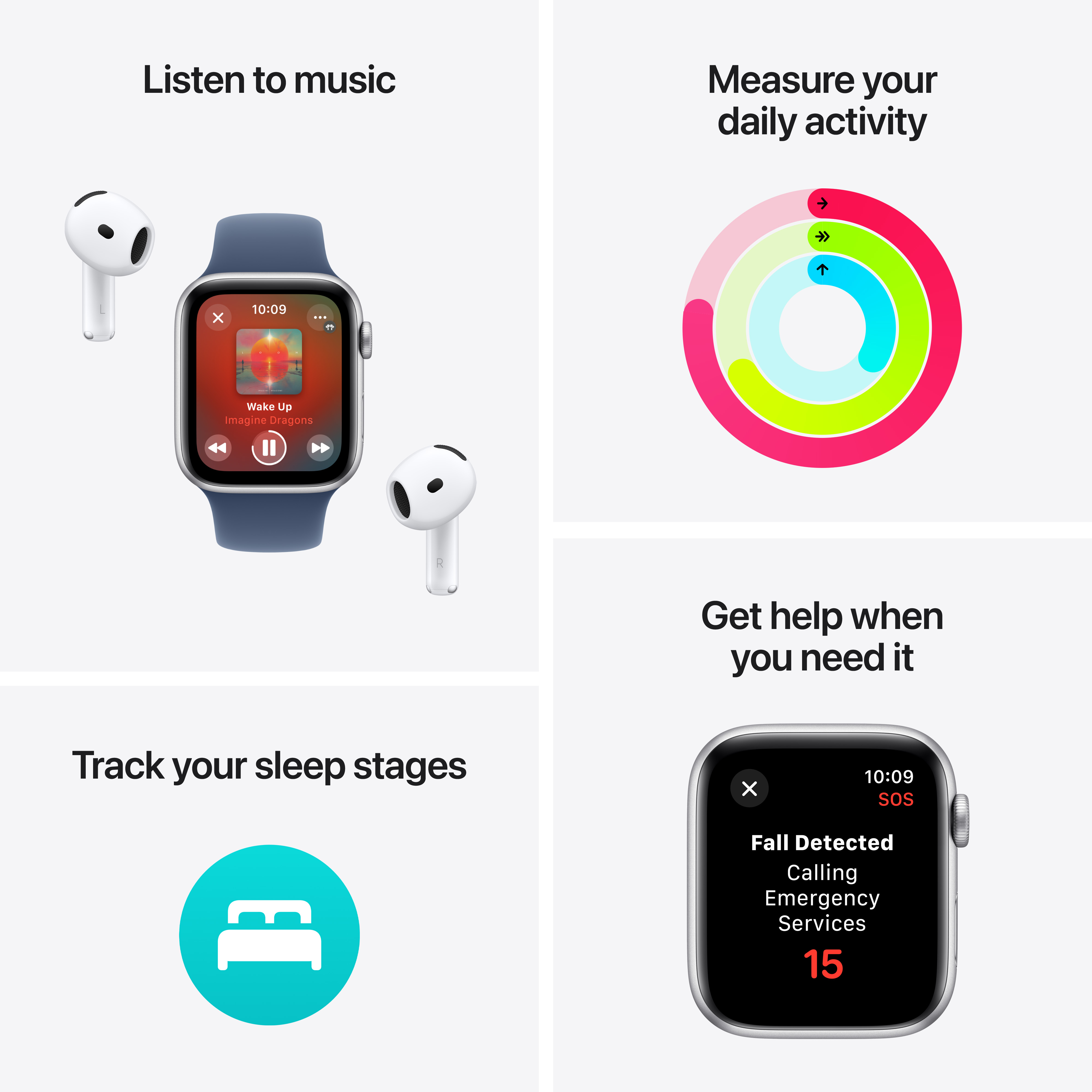 Apple Watch, AirPods et icônes de musique, activité, sommeil et SOS sur blanc.