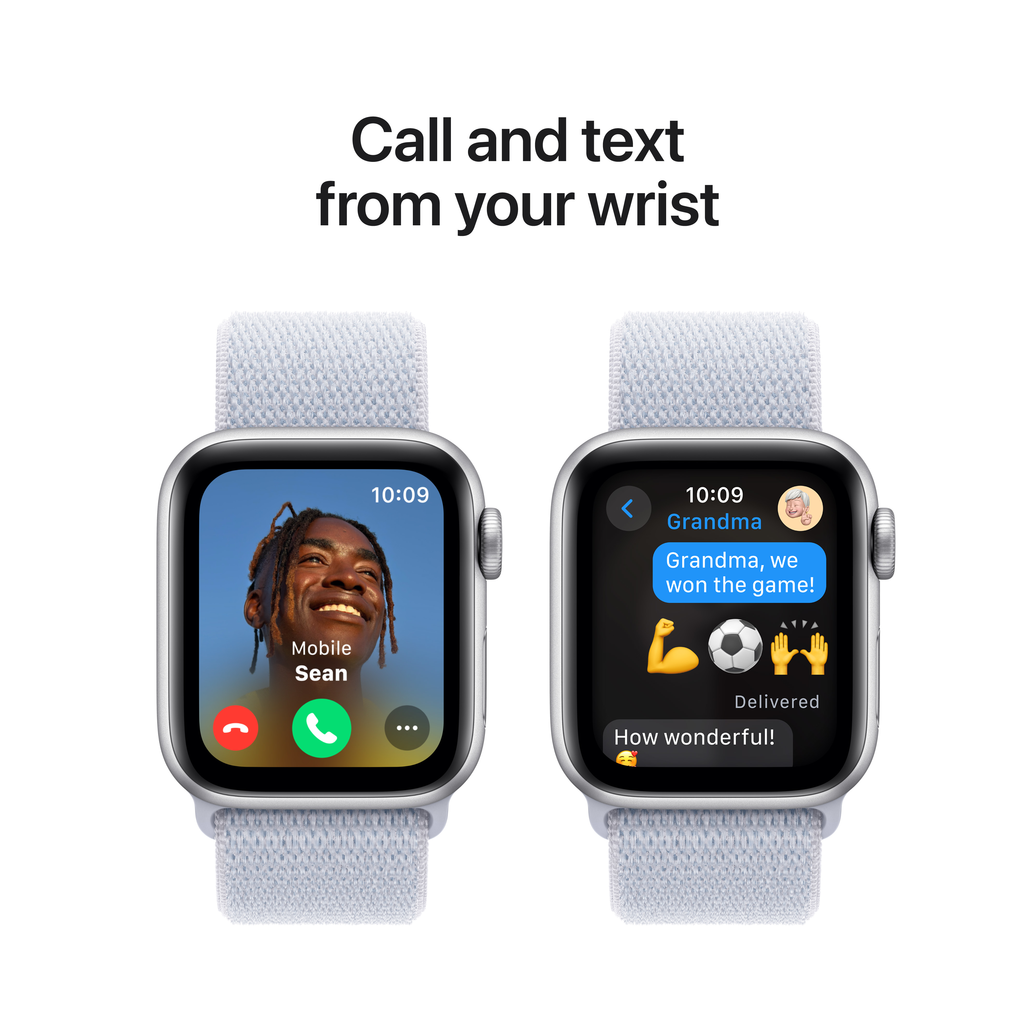 Apple Watch avec bracelet bleu clair, affichant un appel vidéo et une conversation par SMS.