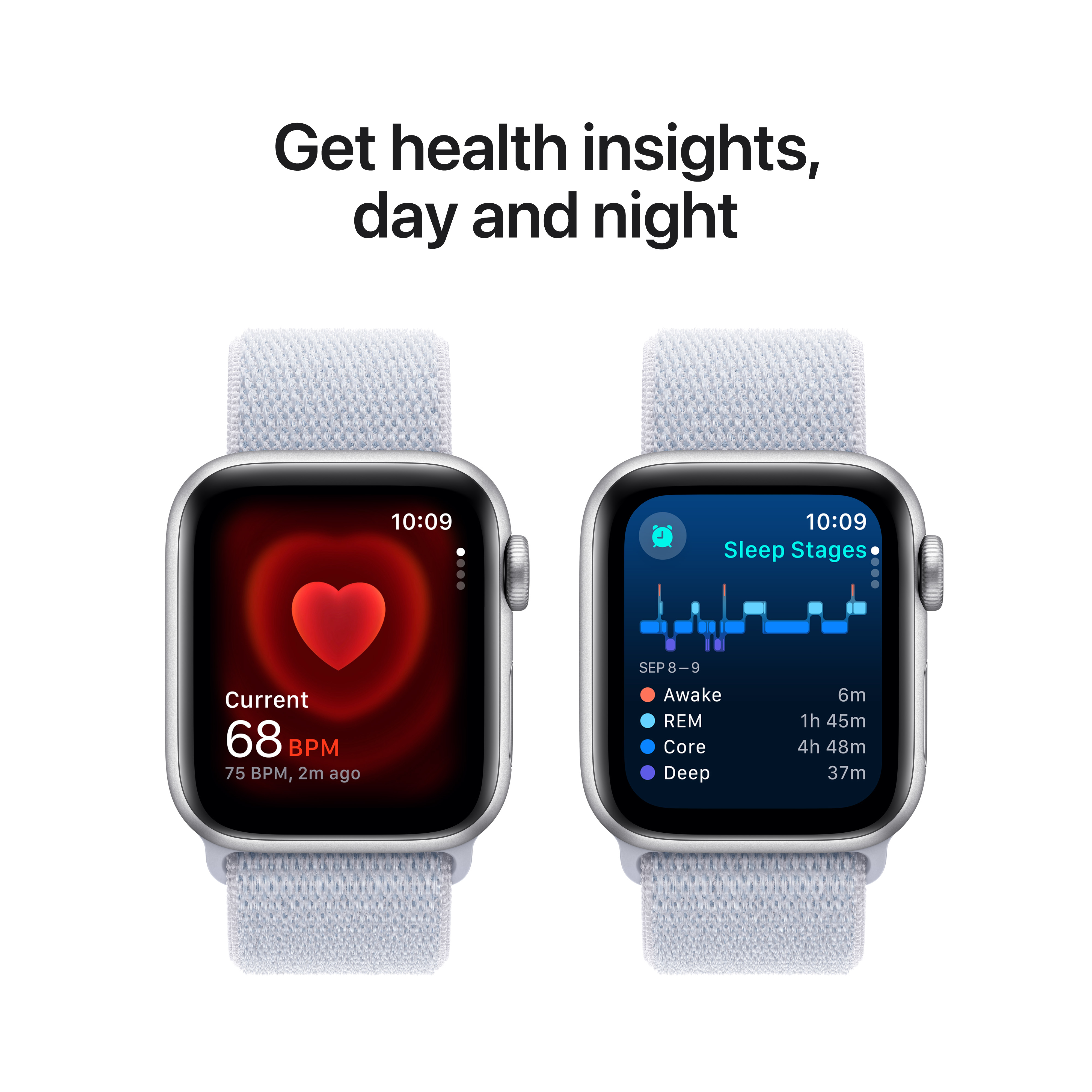 Deux montres intelligentes avec des bracelets gris clair affichant des informations sur la santé. L'une montre la fréquence cardiaque, l'autre les phases de sommeil.